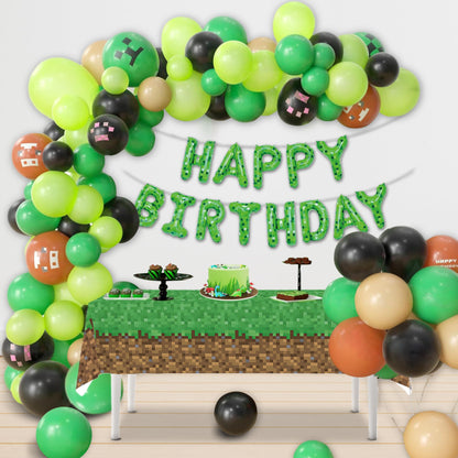Pixel Miner Birthday Balloon Arch Kit - 121 Pcs Green Black Brown Balloons with Table Cover & Banner for Video Game Birthday Party Decorations
