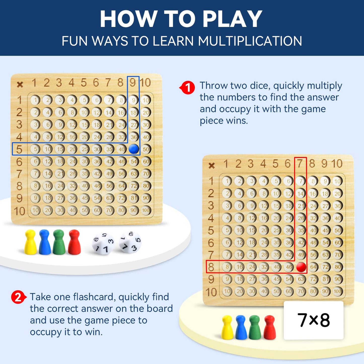 BAKAM Wooden Multiplication Board Math Game for Kids 8-12, Math Manipulatives Set with 100PCS Flash Cards for Kids 6-8 Years Old, Montessori Counting