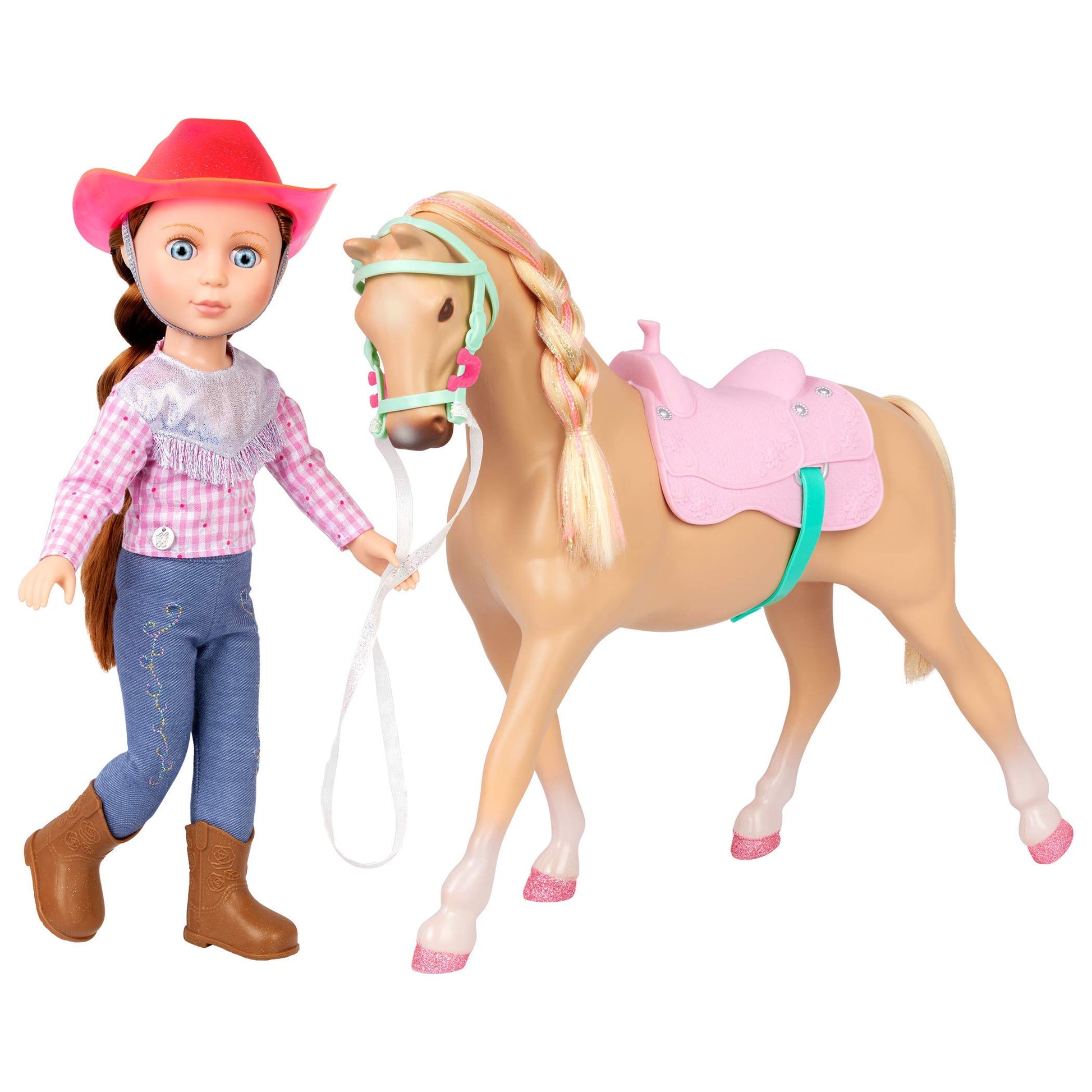 Glitter Girls - 14-Inch Equestrian Doll - Brown Hair & Blue Eyes - Riding Outfit with Cowgirl Hat - Horse with Tan Coat and Pink Saddle - 3+ Years