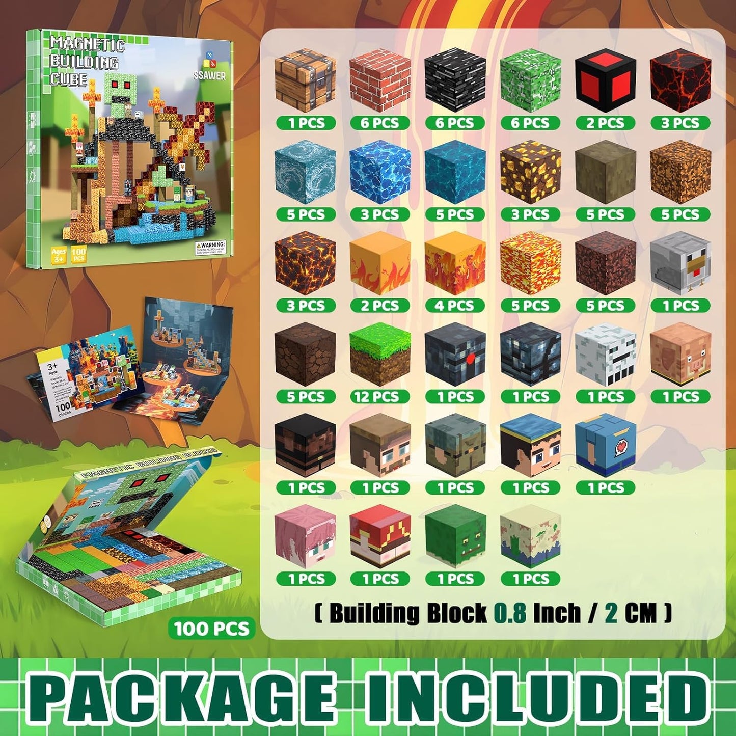 SSAWER Magnetic Blocks Toys for Kids, 100 PCS Building Blocks Cubes, Stacking Magnetic Tiles Toys for Kids Toddlers Boys Girls Ages 3 4 5 6 7 8-12