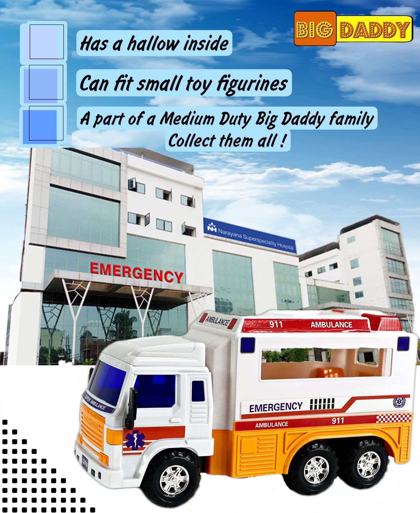 Big-Daddy Meduim Duty Friction Powered 911 Ambulance Toy Truck with Open and Close Back Doors for More Fun Play Time