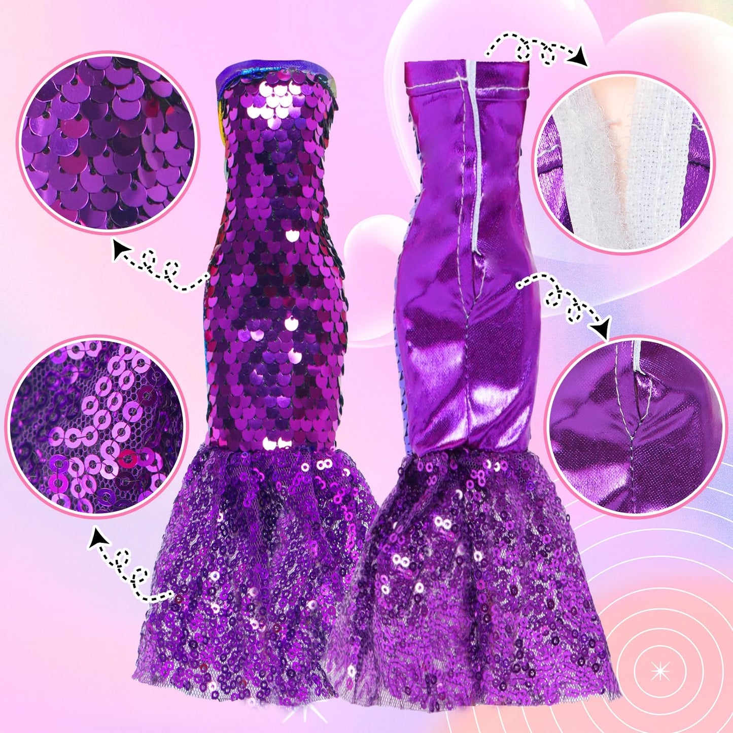 BLIJOLA Doll Clothes 5 Sets Sequins Dresses for 11.5 Inch Girl Doll Including 2 Mermaid Clothes Swimwear 1 Evening Dress 2 Casual Dress Party Outfits