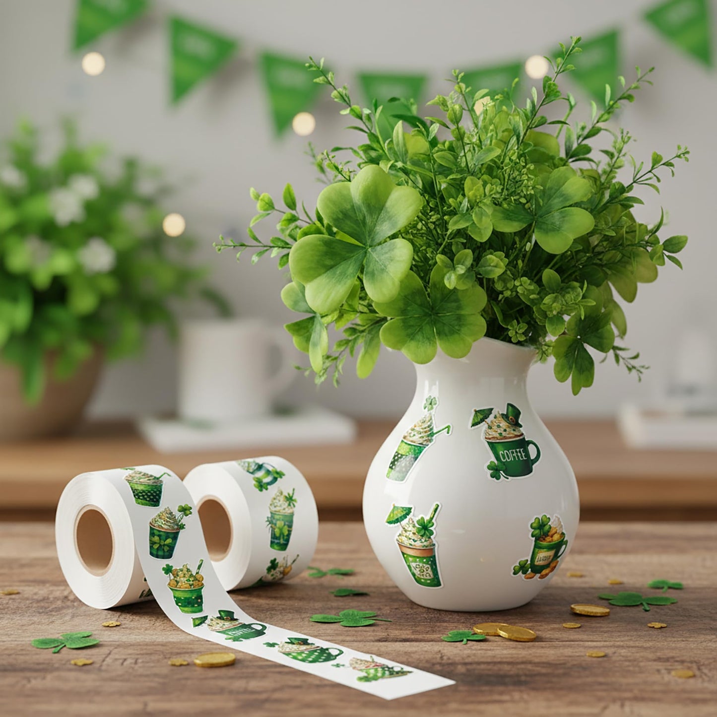 5wsech Green Coffee Roll Stickers - 1000 Lucky Clover Latte Vinyl Decals for Kids, Green Shamrock Coffee Stickers St Patrick's Day Gifts for Birthday