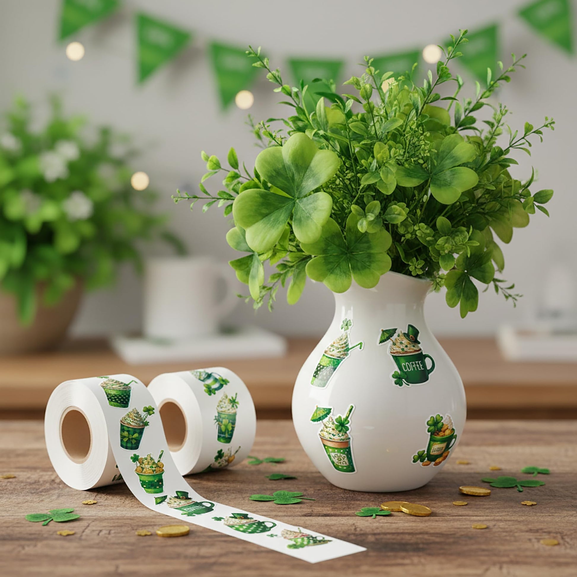 5wsech Green Coffee Roll Stickers - 1000 Lucky Clover Latte Vinyl Decals for Kids, Green Shamrock Coffee Stickers St Patrick's Day Gifts for Birthday