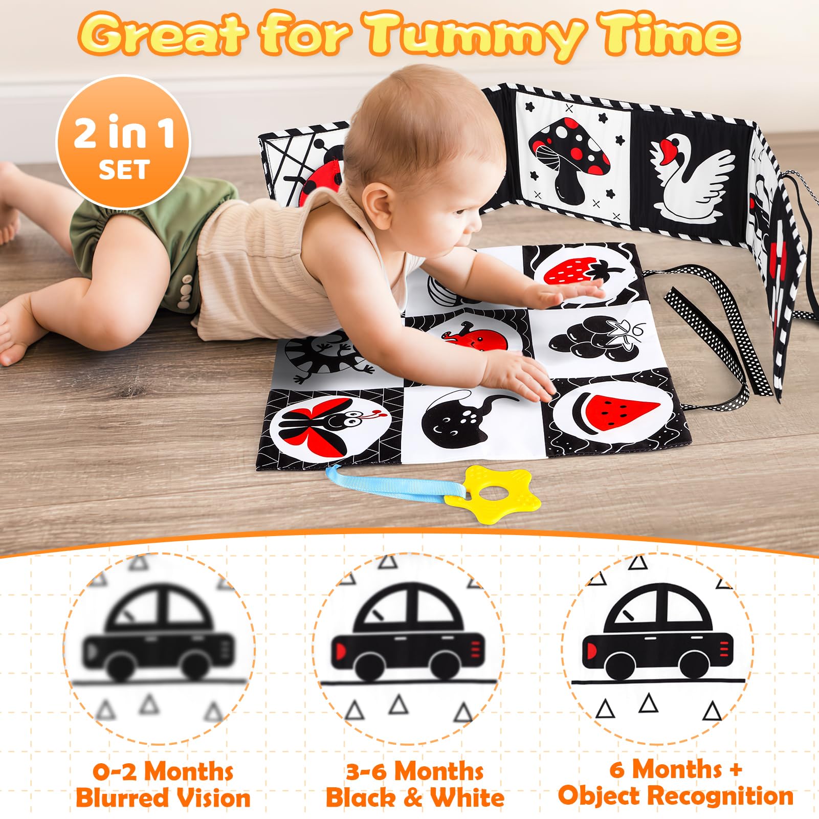High Contrast Baby Toys for Newborn Infant 0-6 Months Montessori Tummy Time Black and White Sensory Crinkle Toys 0-3 3-6 Months Soft Books Carseat