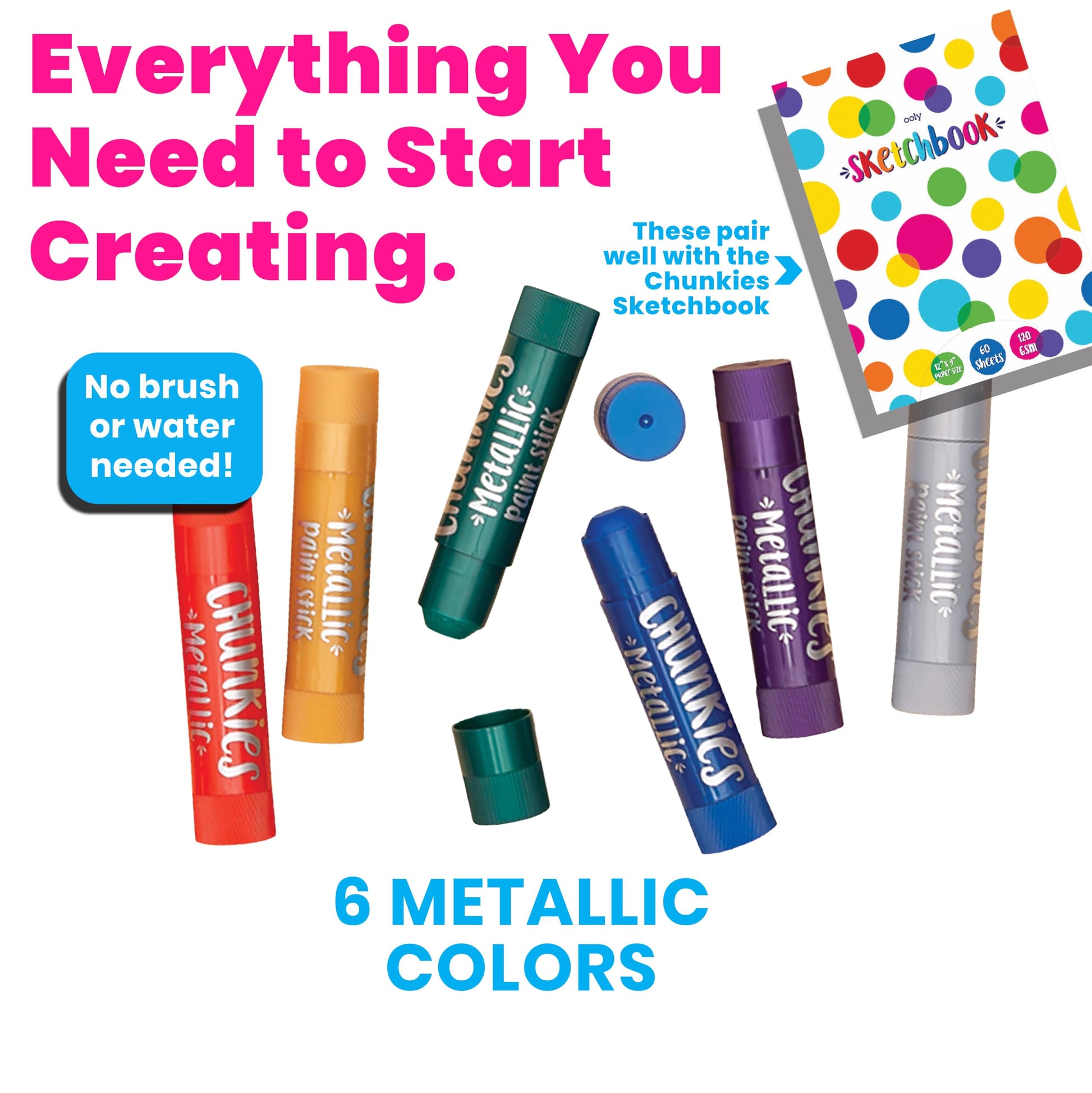 Ooly Chunkies 6 Metallic Paint Sticks For Kids, Tempera Paint Sticks Metallic Colors Set, No Mess Quick Drying Art Supplies for Toddlers and Kids