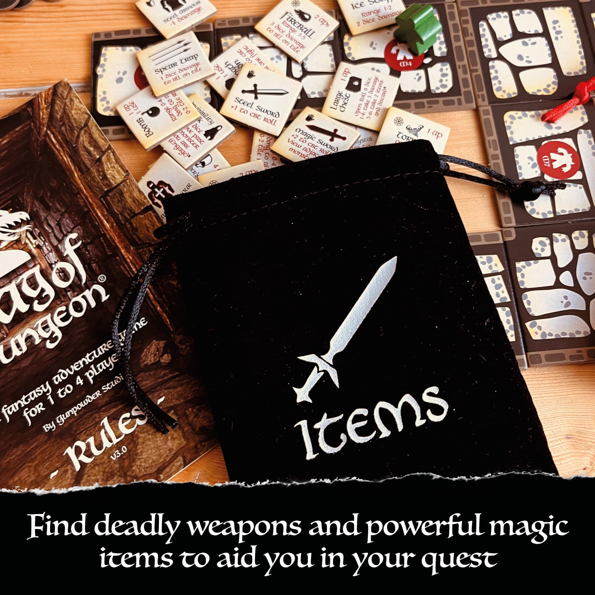 Bag of Dungeon-Fantasy Adventure Board Game for Families & RPG Fans | 1-4 Players, Ages 7+ | Classic Dungeon Crawler | Portable Tabletop RPG