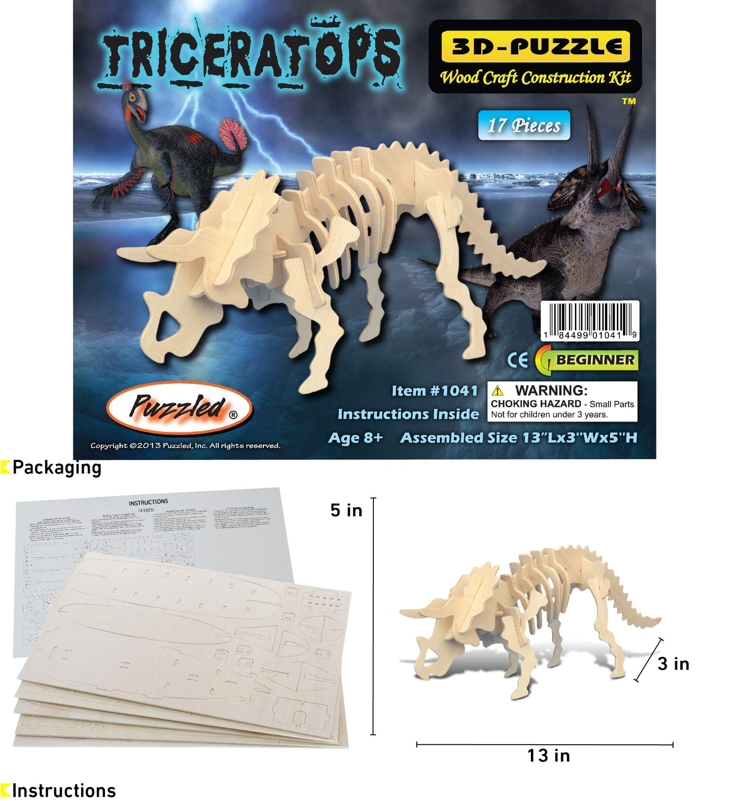 Puzzled 3D Puzzle Triceratops Dinosaur Wood Craft Construction Model Kit Fun & Educational DIY Wooden Toy Assemble Dino Model Unfinished Craft Hobby