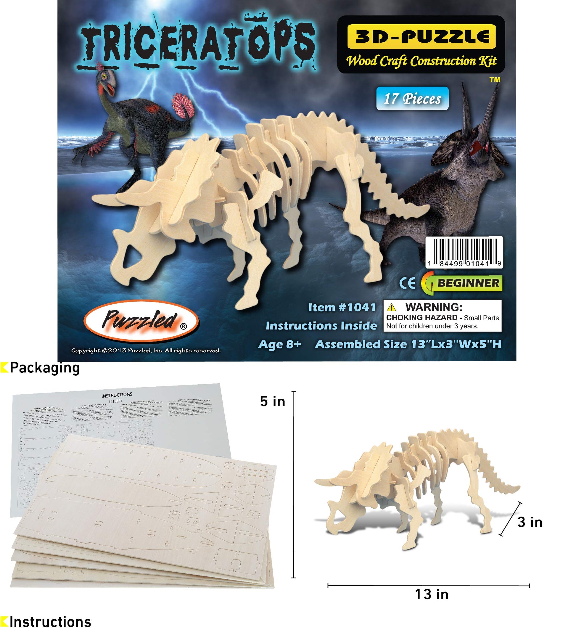 Puzzled 3D Puzzle Triceratops Dinosaur Wood Craft Construction Model Kit Fun & Educational DIY Wooden Toy Assemble Dino Model Unfinished Craft Hobby