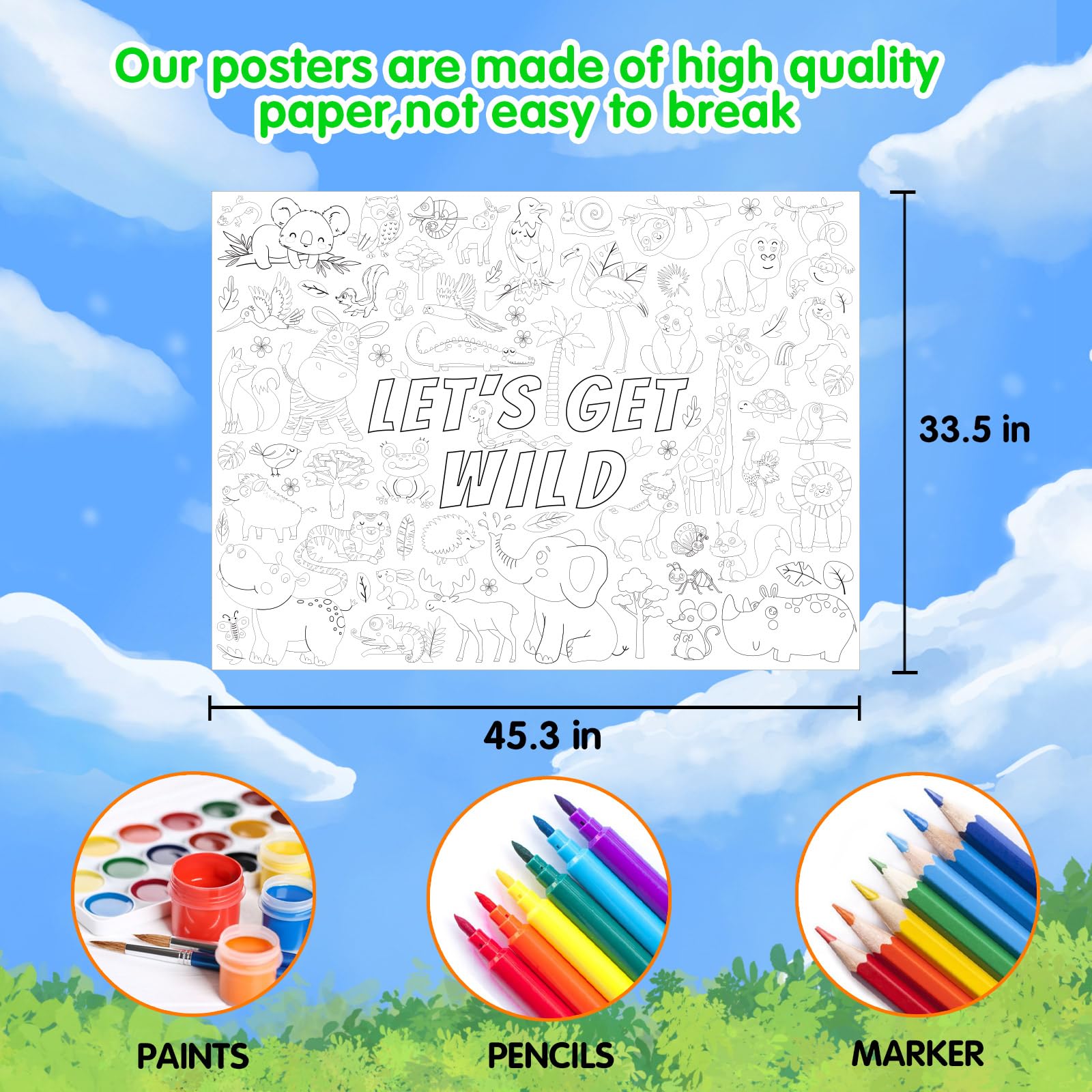 Jungle Safari Animals Giant Coloring Poster for Kids Wild Tropical Life Crafts Activity Wall Doodle Art Coloring Paper Poster Banner for Home School