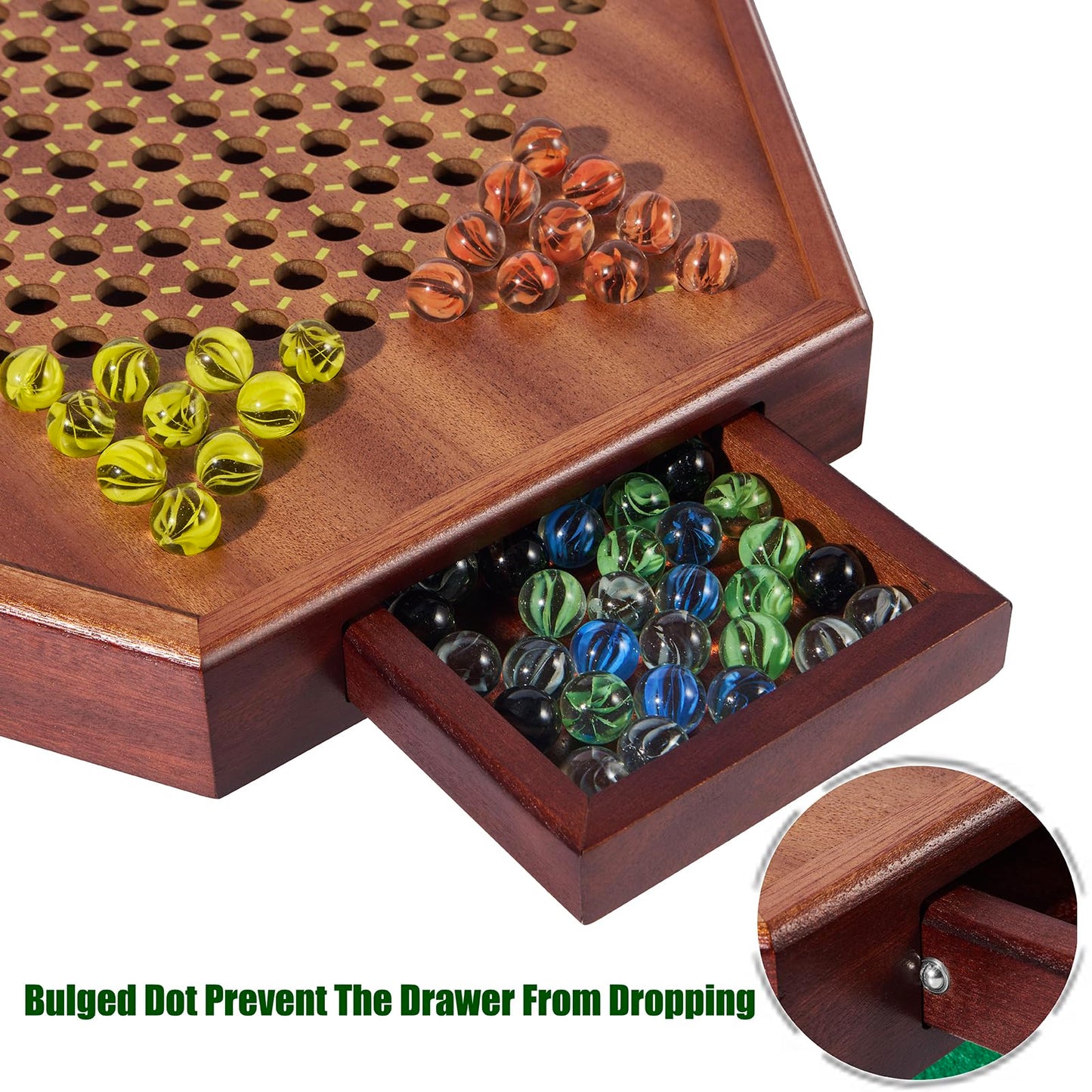 VAMSLOVE Chinese Checkers 15" Large Upgraded Version Wooden Game Board, 16mm 60+12 Colorful Glass Marbles, Easy Grasping for Adults and Kids