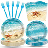100 Pcs Beach Tableware Set Serves 25 - Disposable Ocean Starfish Paper Plates Napkins Forks, 9 Inch 7 Inch Plates Summer Tropical Coastal Pool