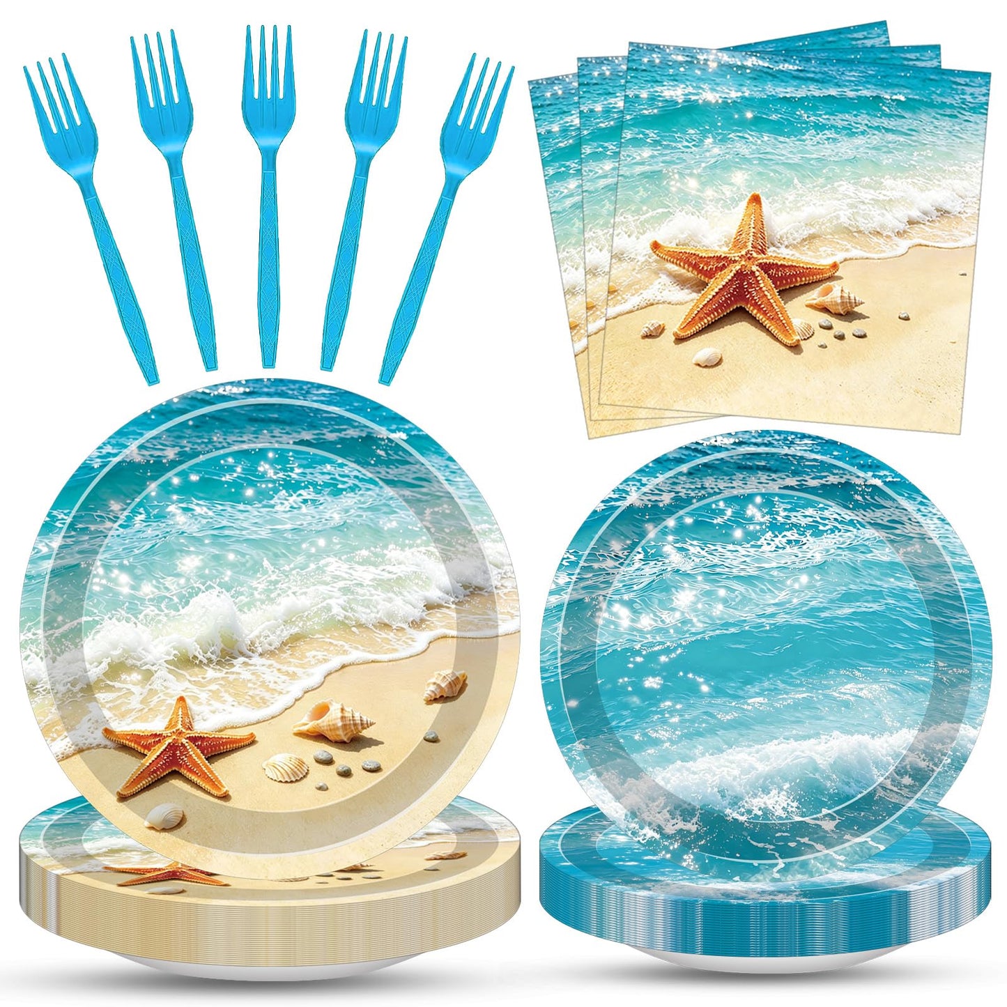 100 Pcs Beach Tableware Set Serves 25 - Disposable Ocean Starfish Paper Plates Napkins Forks, 9 Inch 7 Inch Plates Summer Tropical Coastal Pool