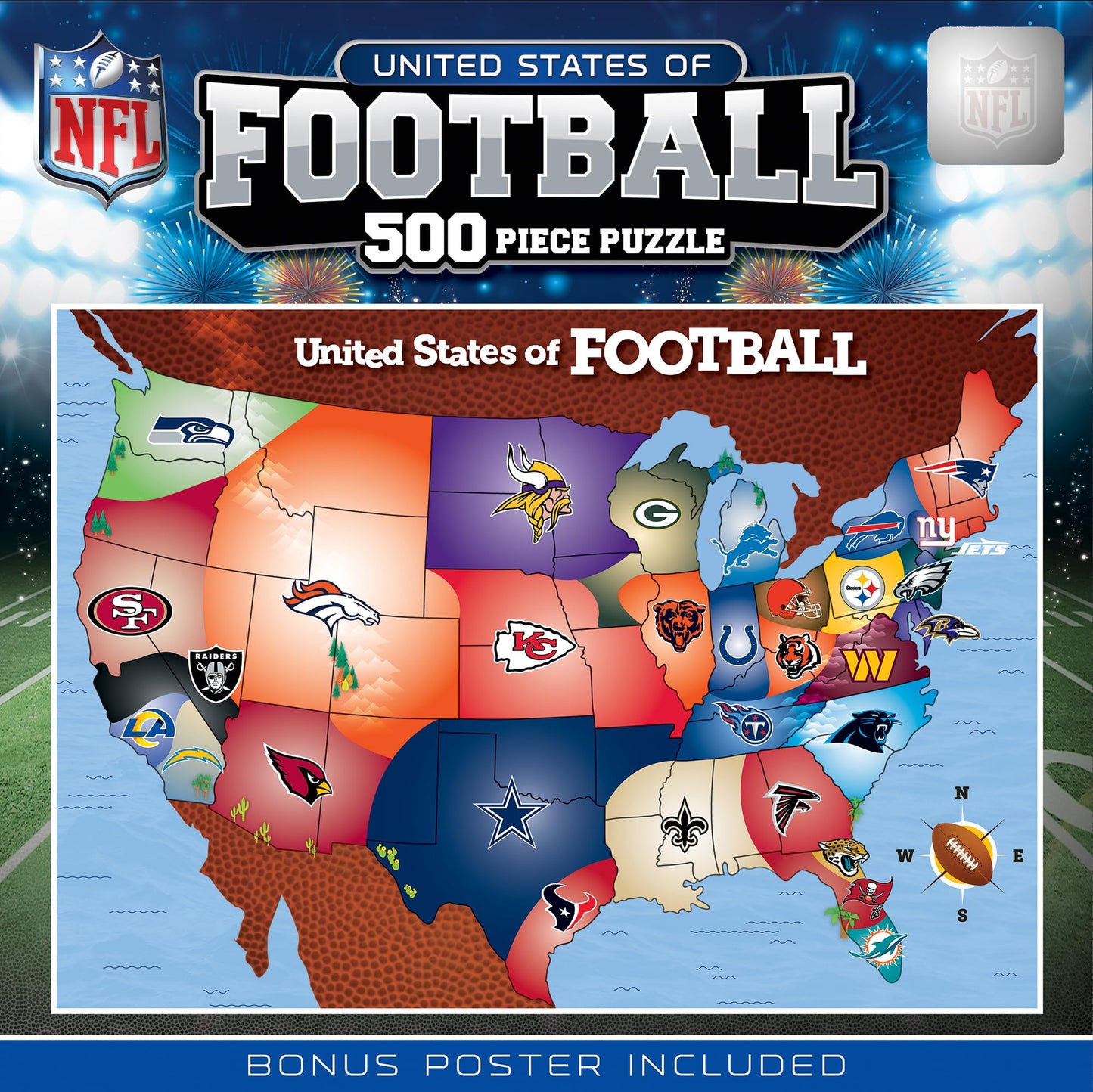 MasterPieces Sports Puzzle - All Teams 500 Piece Jigsaw Puzzle for Adults - NFL League Map Puzzle - 24"x18"