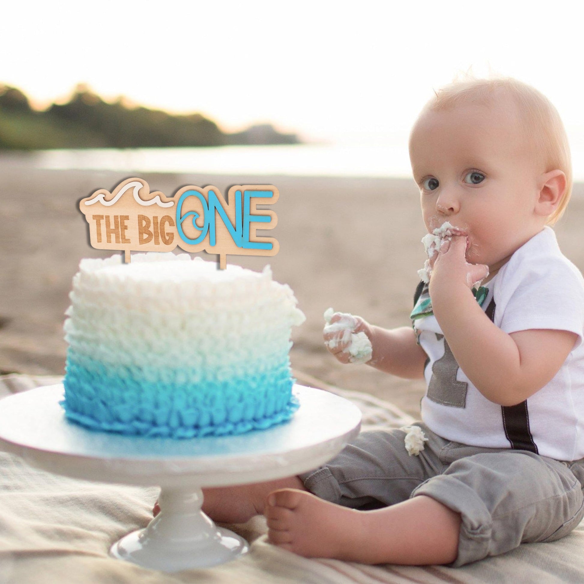 MUWEOL The Big One Wooden Cake Topper - Wave Theme First/1st Birthday Party Decoration,Surf Boy Party Decor?Smash Cake Photo Props (wave topper)