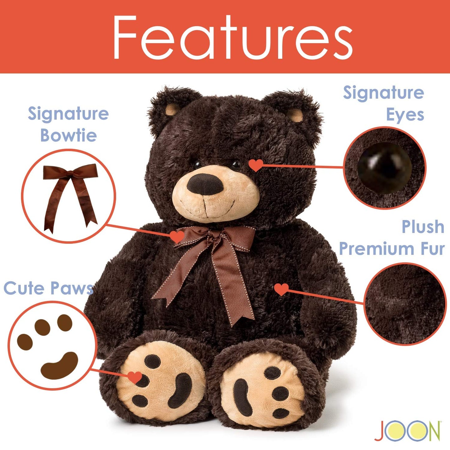 Joon Big Teddy Bear - Fluffy Fur, Ribbon & Bow Signature Footprints- Huggable & Lovable Joy, Ideal Gift for Baby Showers, Loved Ones, Perfect Big