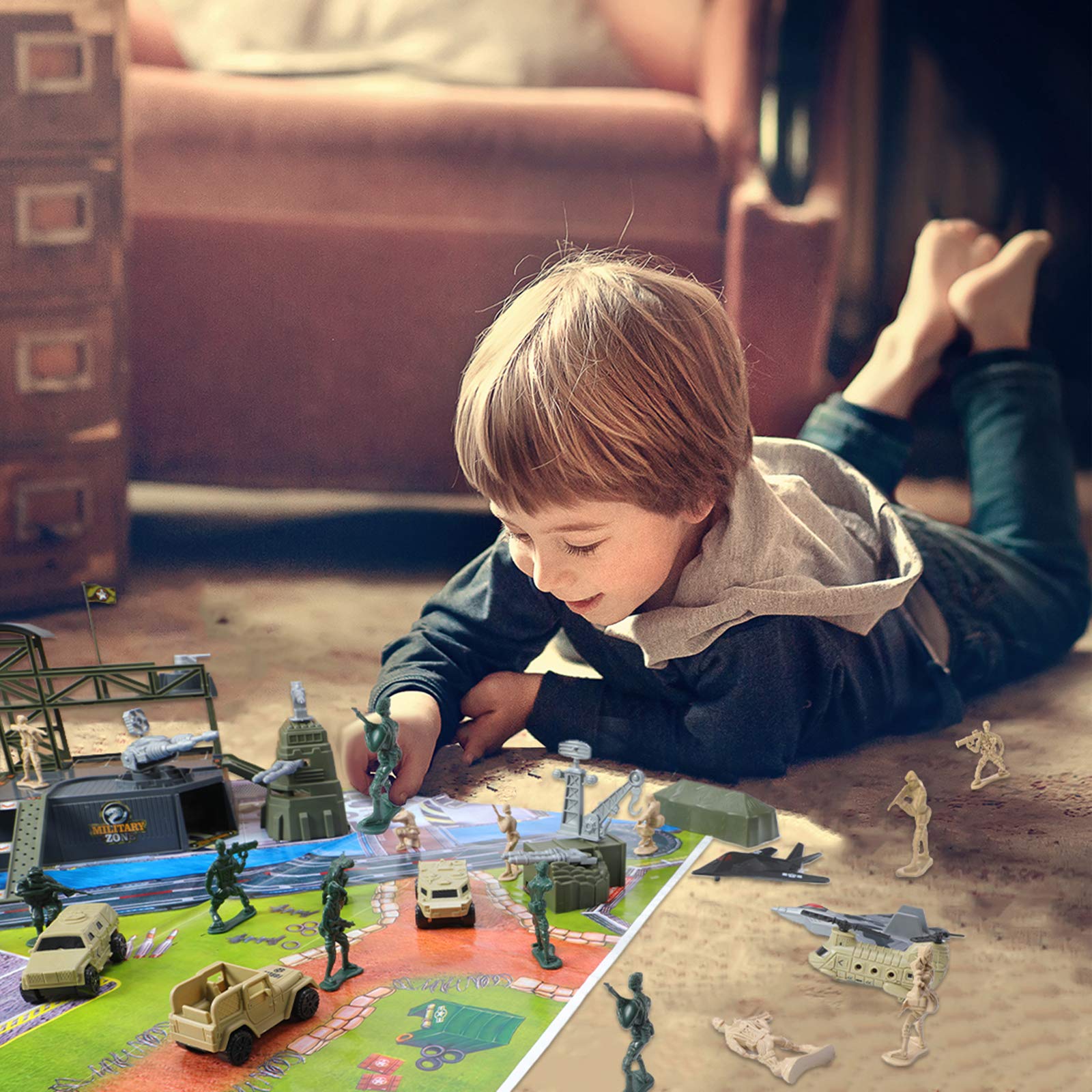47 Pieces Military Base Set, Army Men Playset with Vehicles Accessories,Soldier Army Men and Play Map,Mini Army Toy Tank,Warplane,Helicopter Playset