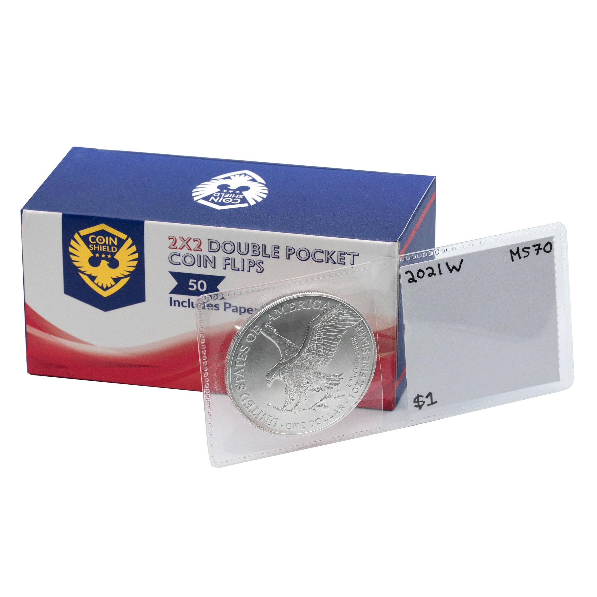 Coin Shield 50 2x2 Double Pocket Coin Flips PVC Free Clear Vinyl Holders with Inserts