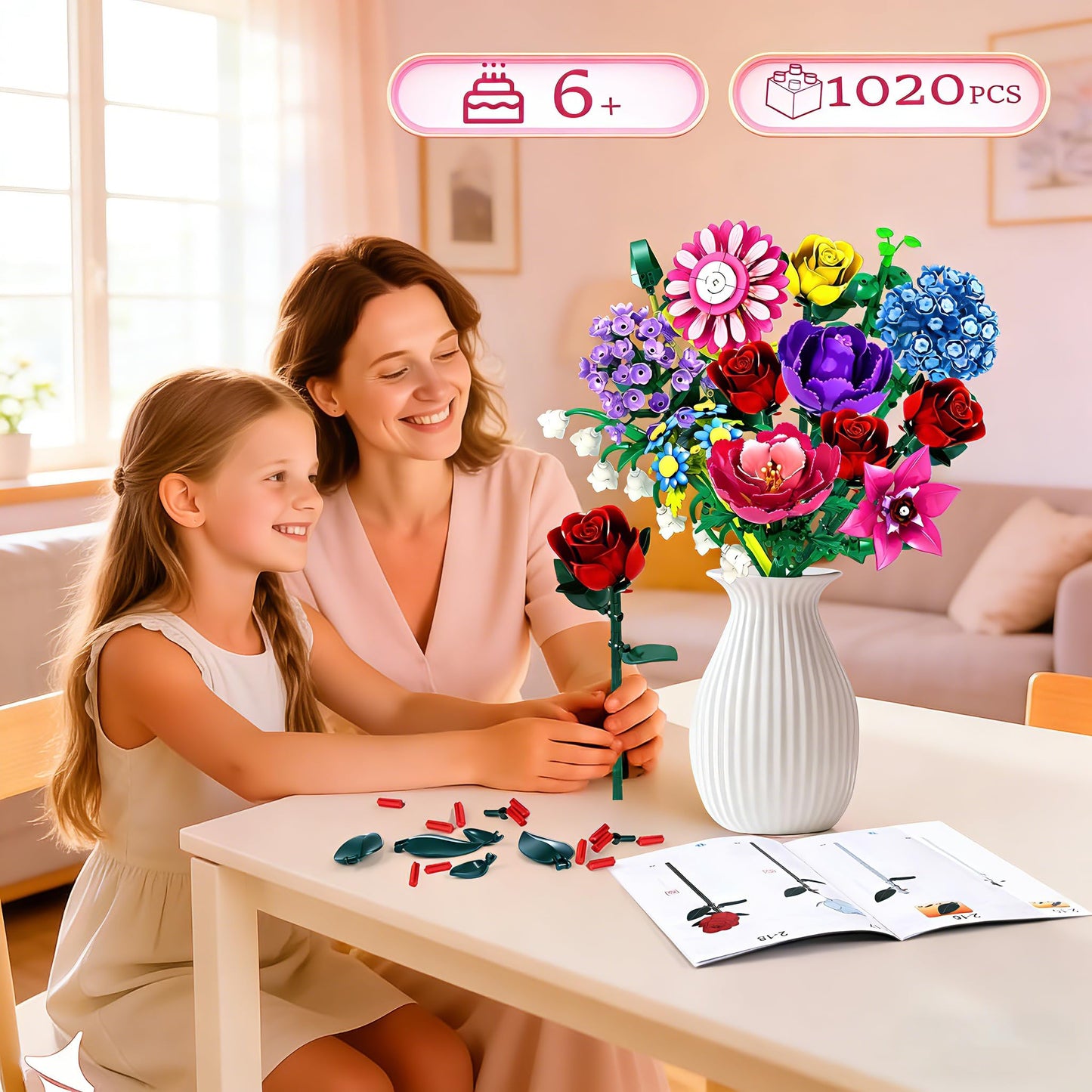 Rongmeiz Flower Bouquet Building Set, 1020 PCS Botanical Collection Building Block Toy, Rose Flowers Plant Home Decor, Christmas, Valentine's Day