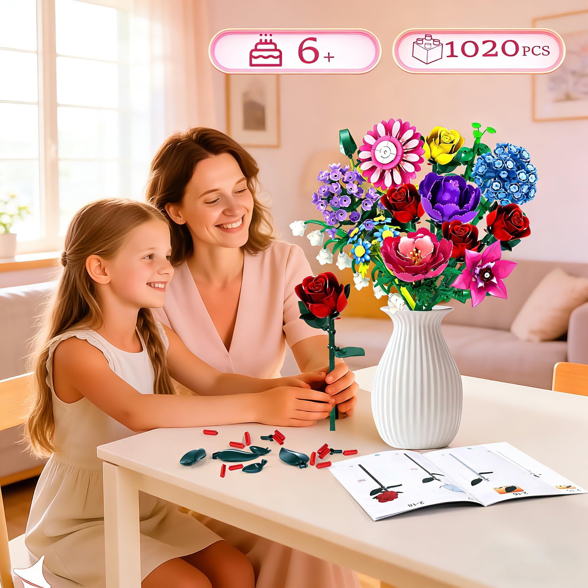 Rongmeiz Flower Bouquet Building Set, 1020 PCS Botanical Collection Building Block Toy, Rose Flowers Plant Home Decor, Christmas, Valentine's Day