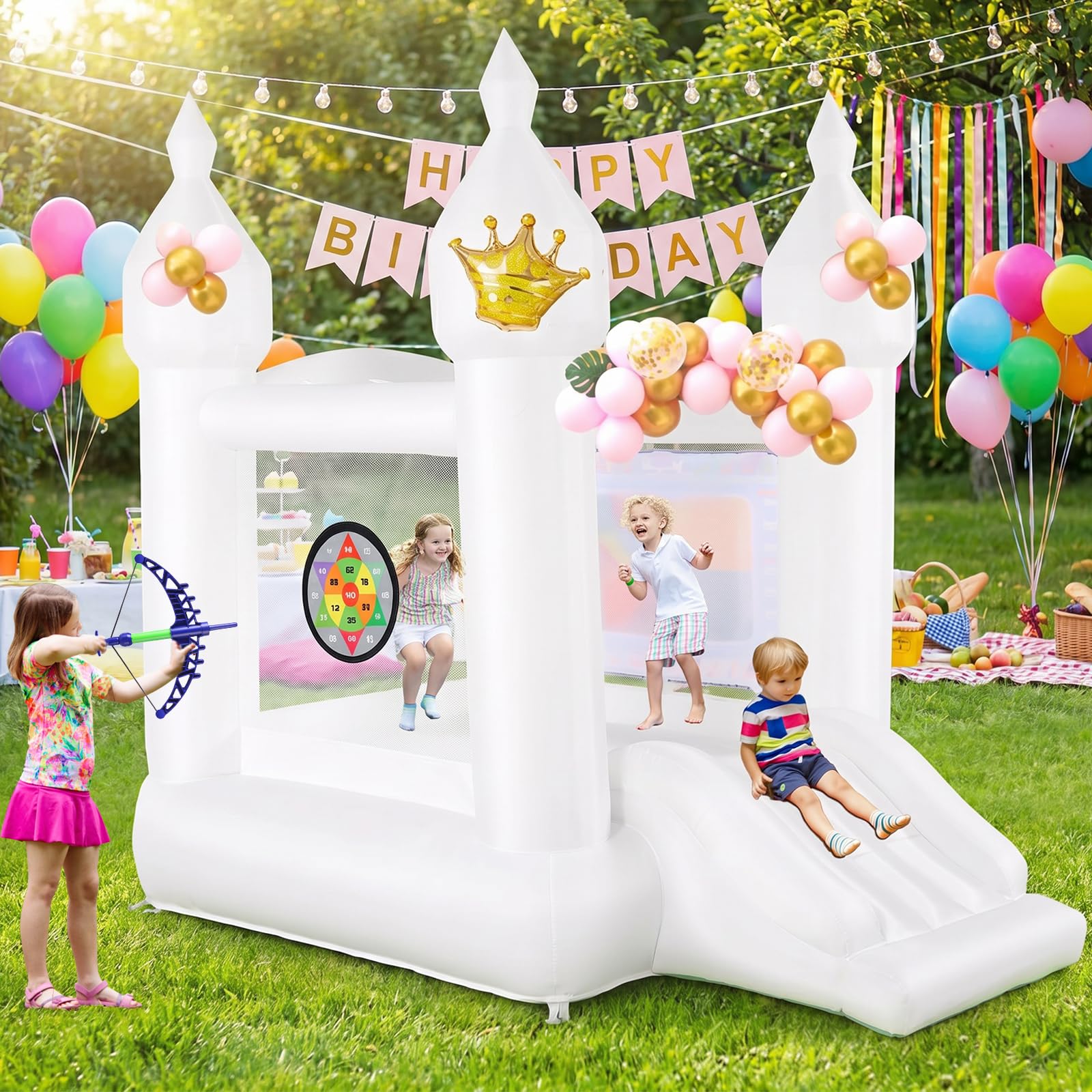 White Inflatable Bounce House for Kids, Blow Up Backyard Bouncy Castle with Slide, Water Doodle Mat, Basketball Hoop, Target & Balloons (White Bounce