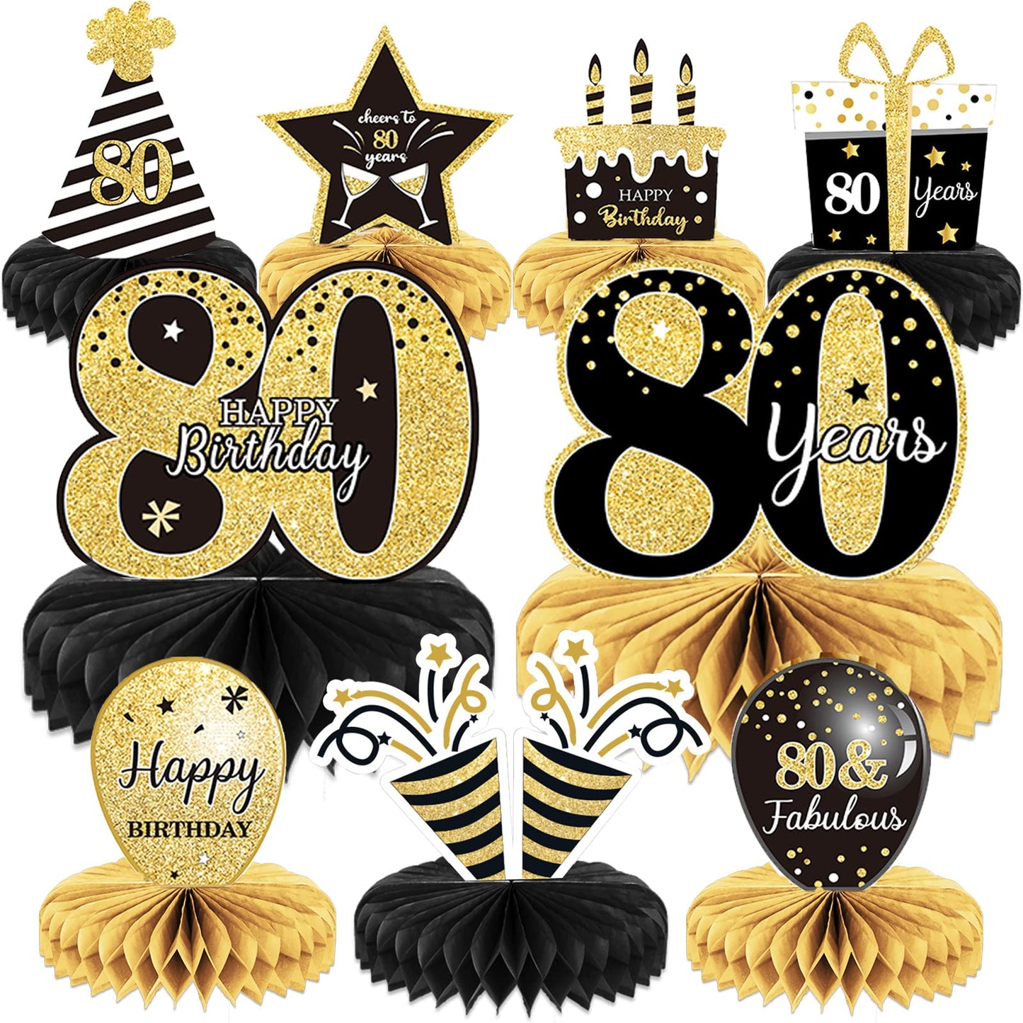 9 Pieces 80th Birthday Decoration 80 th Birthday Centerpieces for Tables Decorations Cheers to 80 Years Honeycomb Table Topper for Men and Women