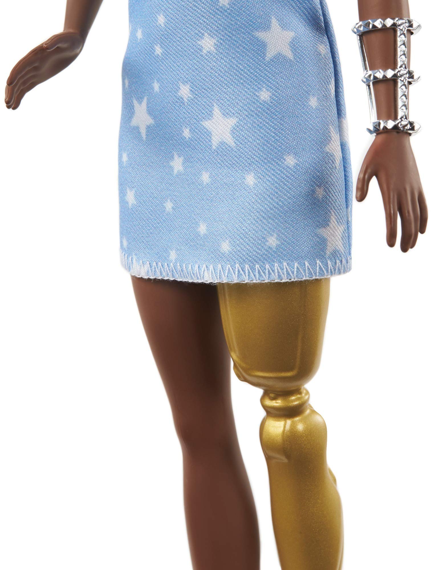 Barbie Fashionistas Doll #146 with 2 Twisted Braids & Prosthetic Leg Wearing Star-Print Dress, White Shoes & Arm Bracelet, Toy for Kids 3 to 8 Years