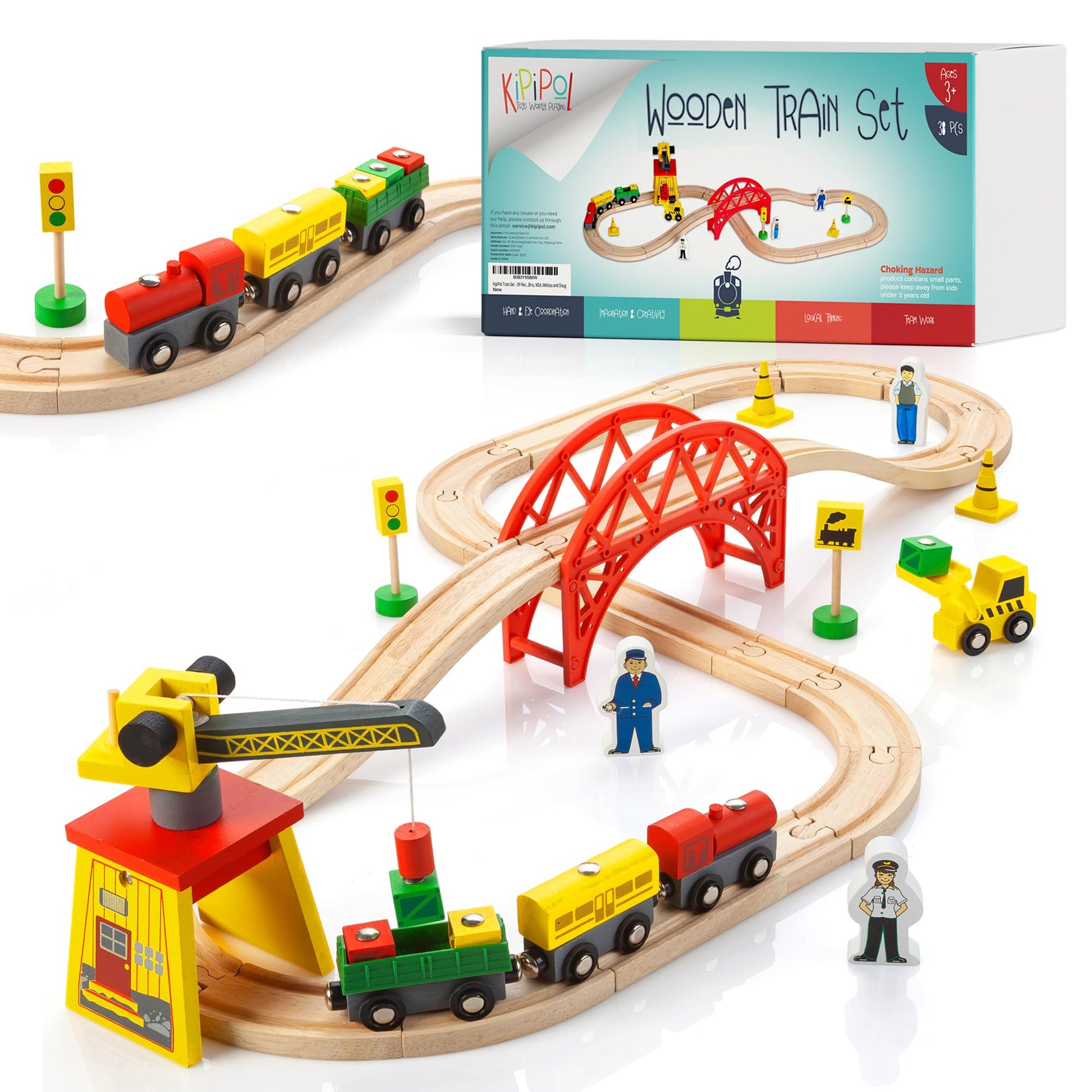 KipiPol Wooden Train Sets for Boys 2-4-7 - 38 Pcs Wood Train Set for Toddlers w/Crane, Bridge & Wooden Train Tracks - Train Toys for 3 Year Old Boys
