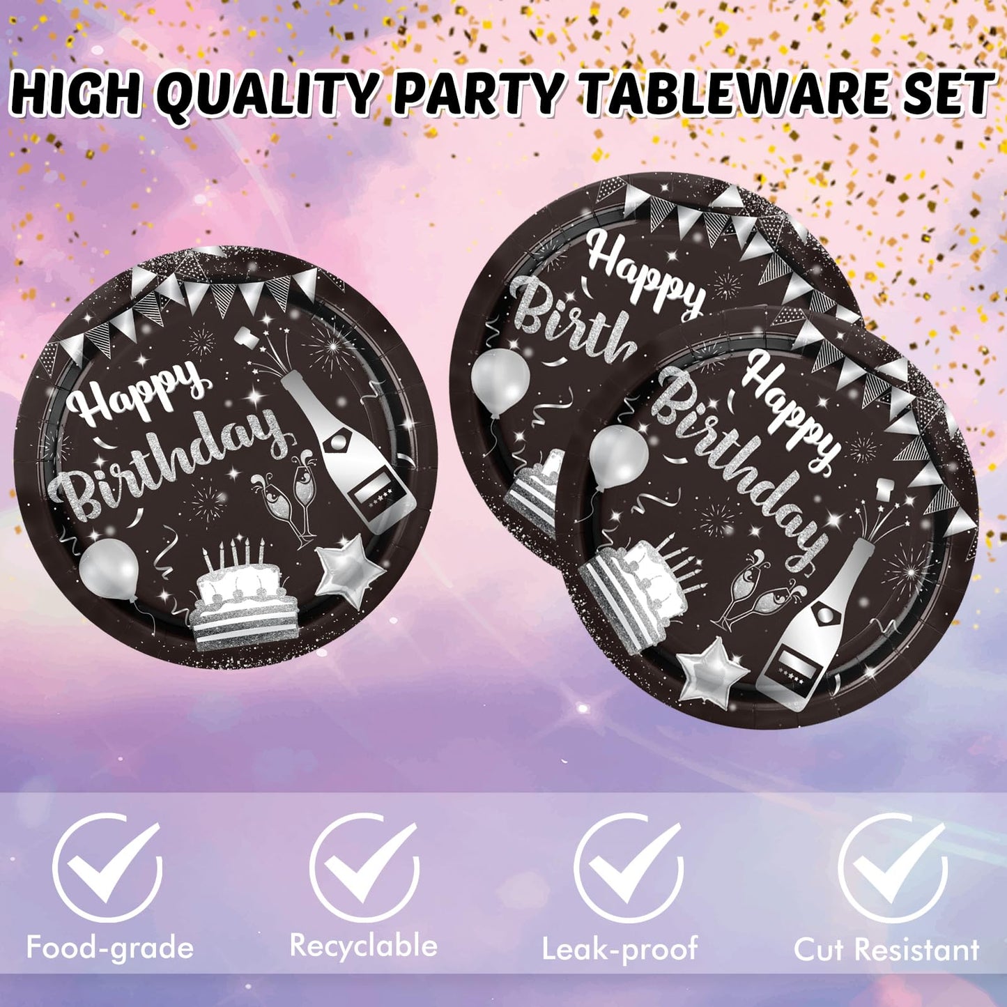 40PCS Birthday Party Decorations Black Silver Happy Birthday Party Disposable Tableware Kit Included Paper Plates and Napkins Set for Men Women