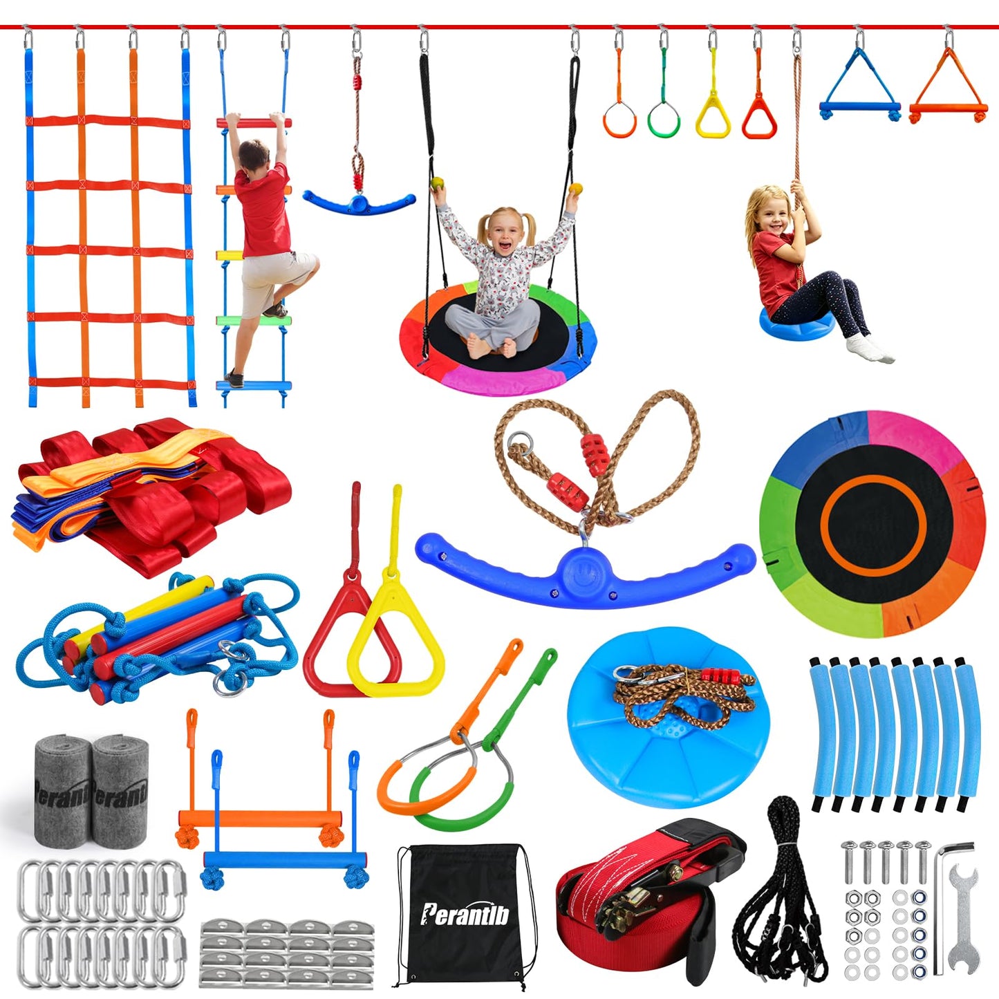 Ninja Warrior Obstacle Course for Kids 56ft Slackline with 11 Accessories