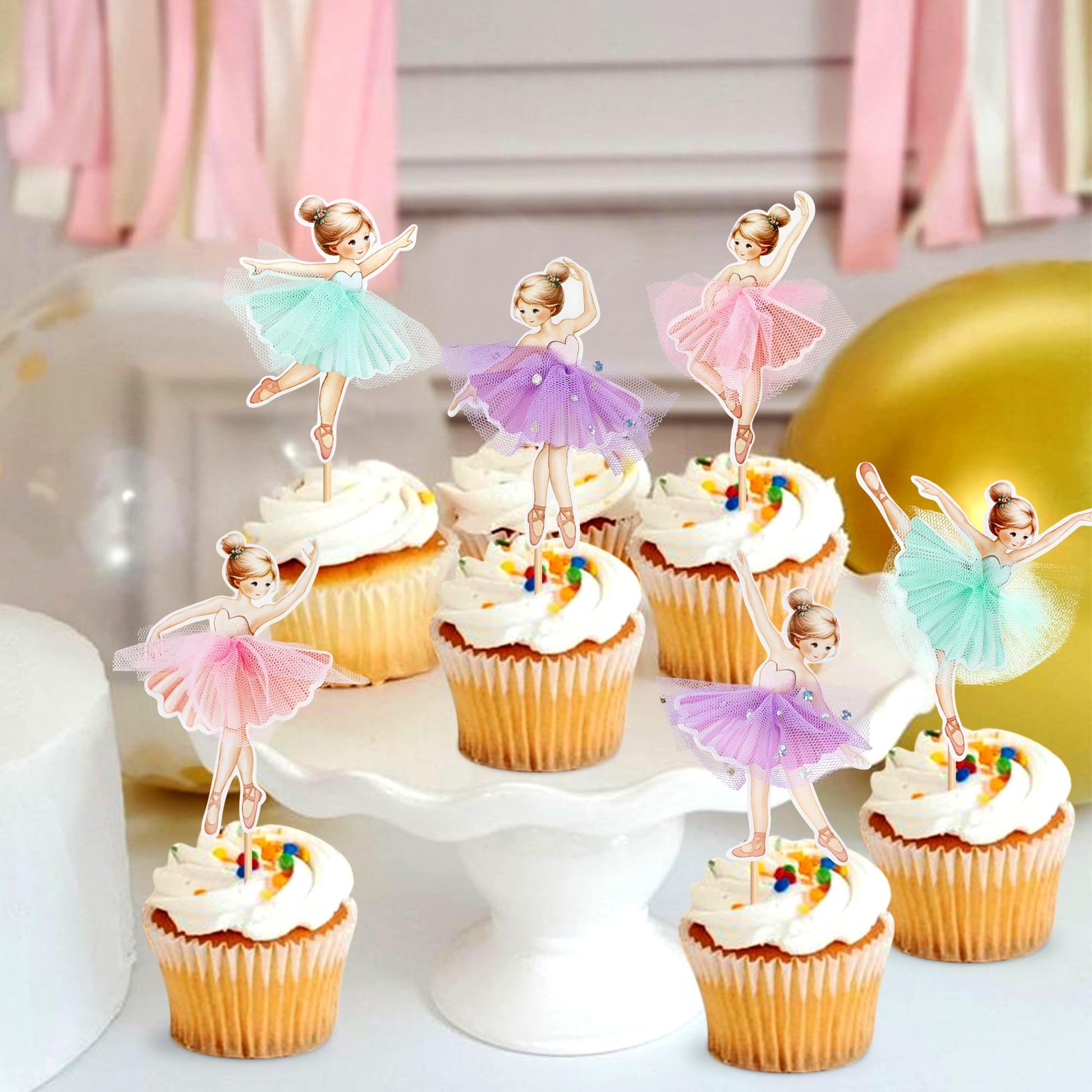 24Pcs Ballerina Pink Purple Blue Tutu Skirt Cupcake Toppers Colorful Chiffon Skirt Ballet Girls Cupcake Picks for Baby Shower Girls Ballerina Birthday