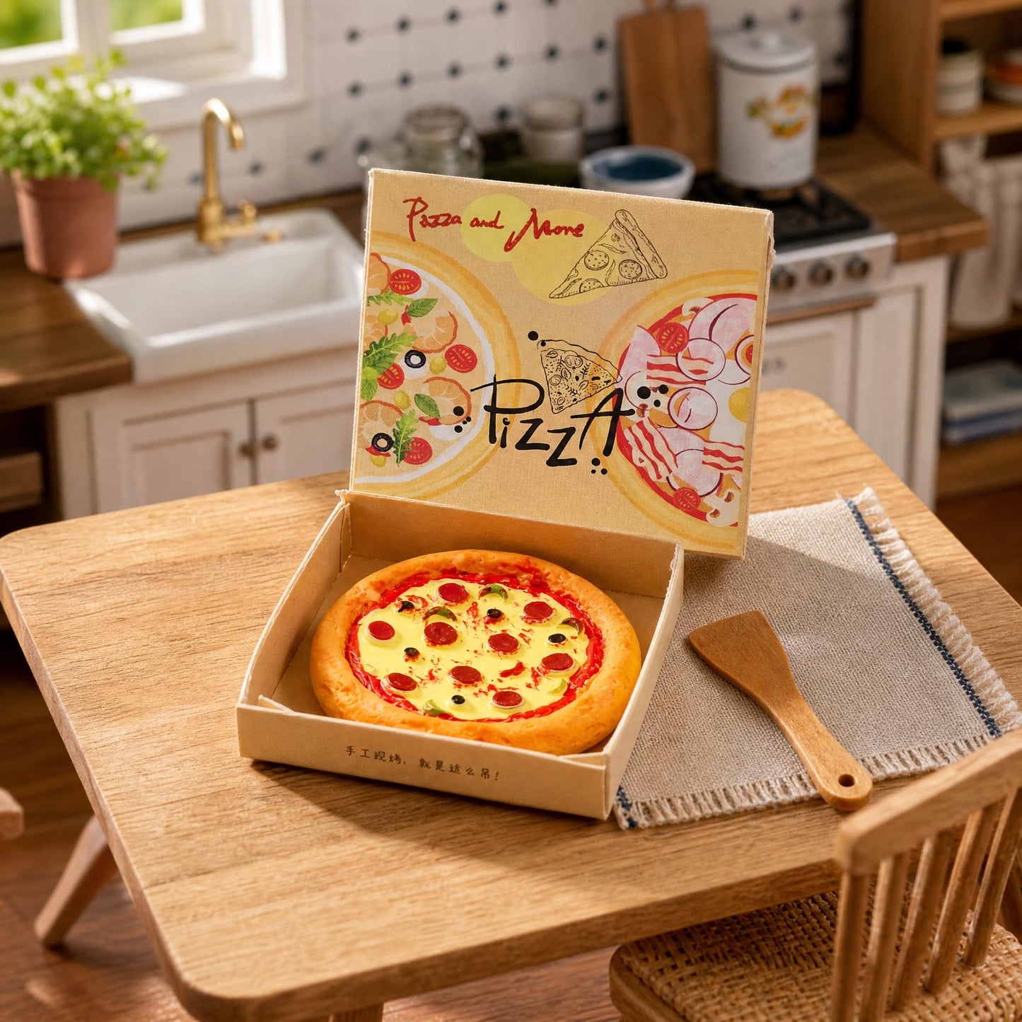 Miniature Pizza Box Set, 1:6 and 1:12 Scale, Dollhouse Food Accessories, Detailed Pizza Box with Printed Graphics Doll Pepperoni Pizza and Authentic