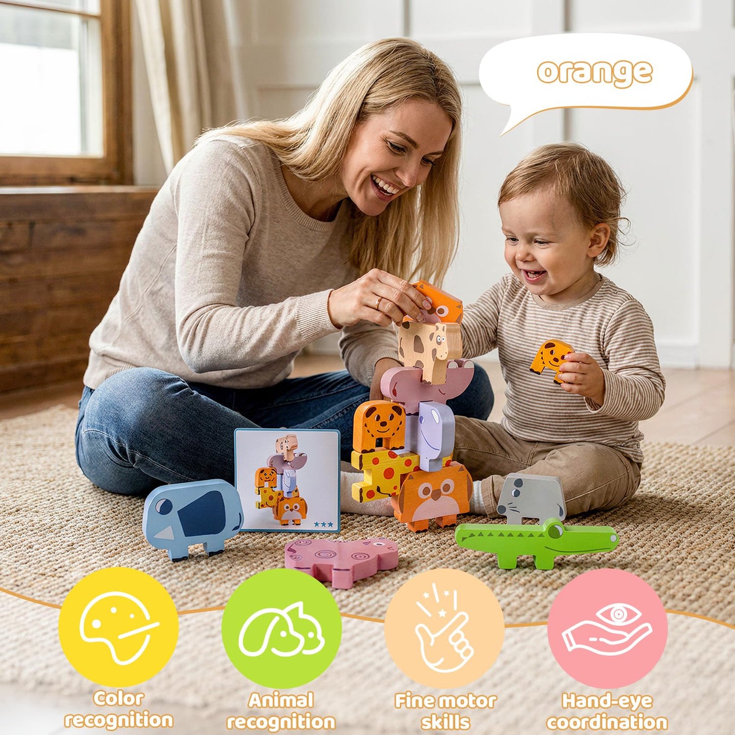Oukitoymer Montessori Toys, 10pcs Wooden Animal Blocks, Baby Sorting Stacking Educational Learning Puzzles, Sensory Toys for 0 1 2 3 4 Year Old Kids