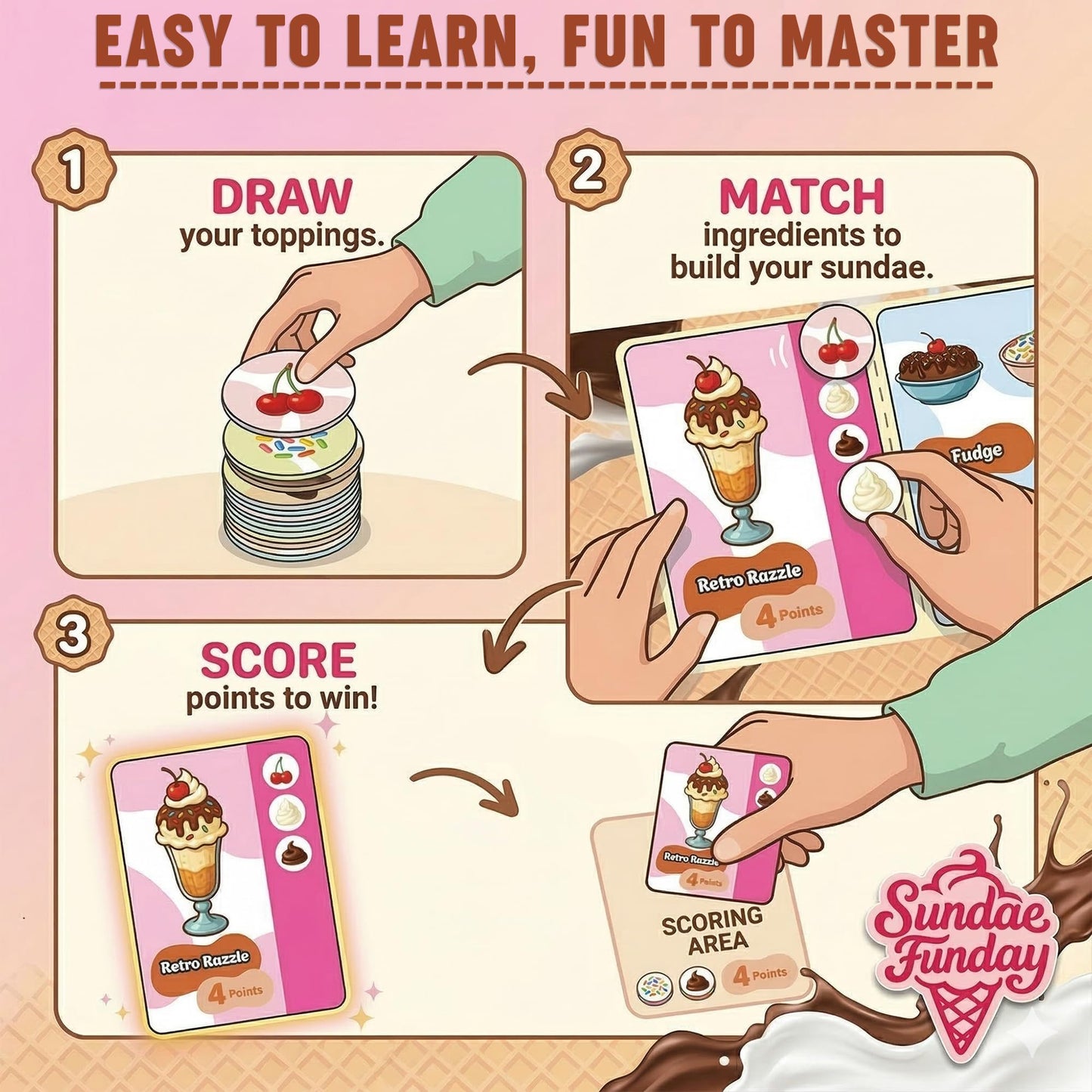 Point Games Sundae Funday Family Board Game Ice Cream Building Card Game for Kids & Adults - Scoop, Stack & Score! - Fun Family Game Night, 2-4