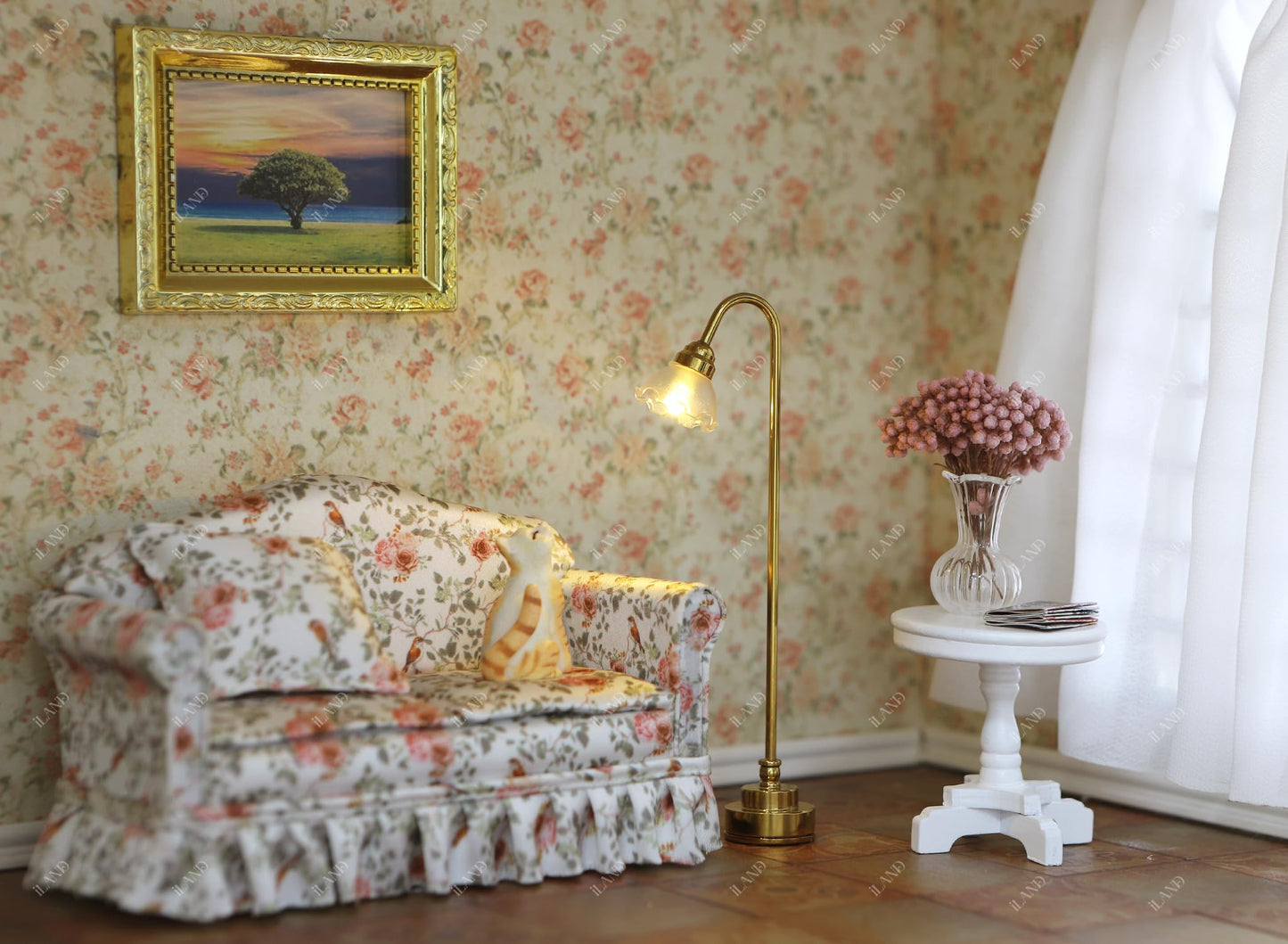 iLAND Dollhouse Furniture of Dollhouse Couch Set, Rose & Bird Pleated Sofa with Wood Coffee Table, Elegant Doll House Accessories and Furniture