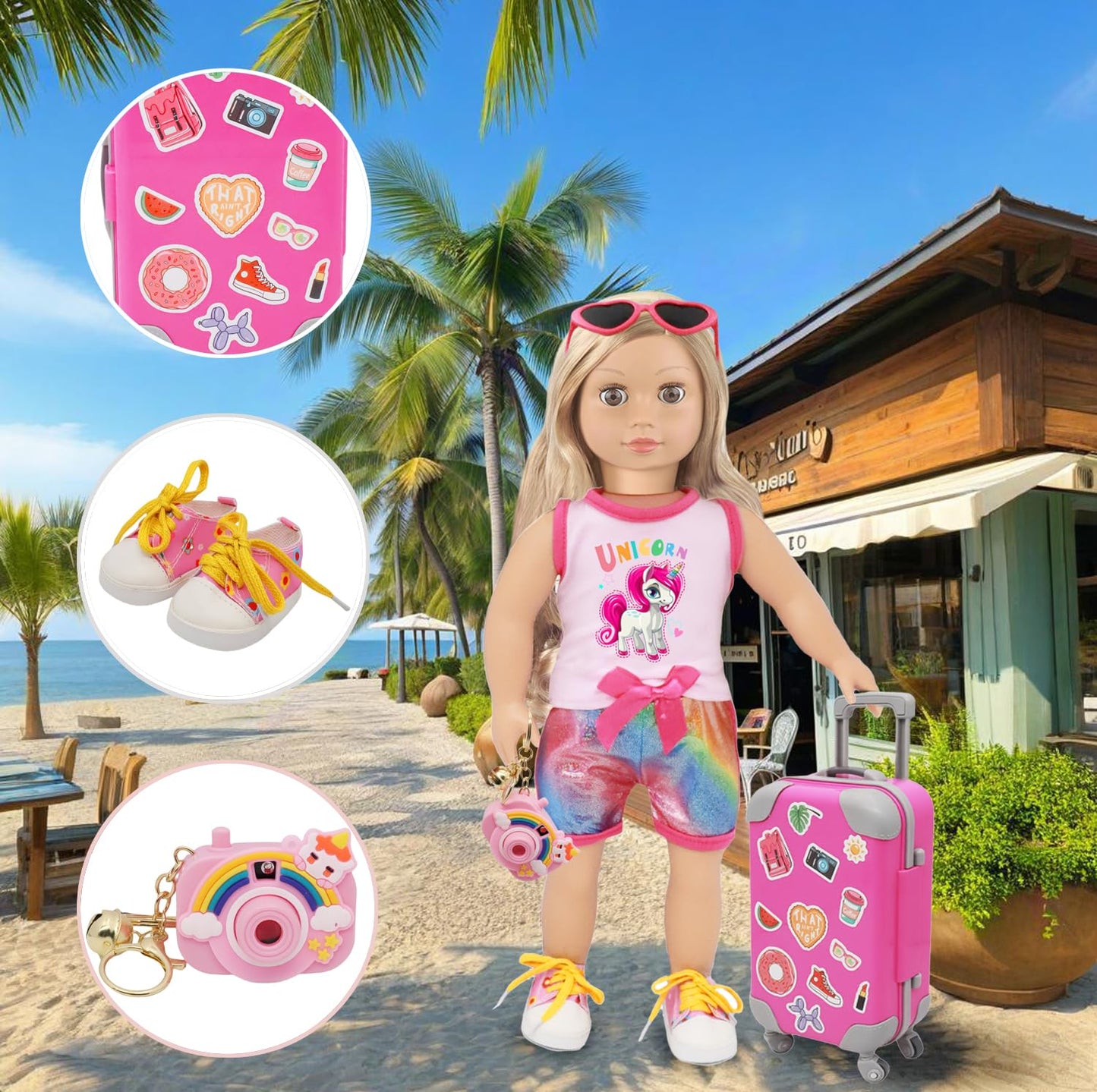 TimDtvo 18inch American Doll Clothes and Accessories, Including Travel Suitcase, Clothes, Shoes, Sunglasses, Camera, Passport, Stickers,Phone Travel
