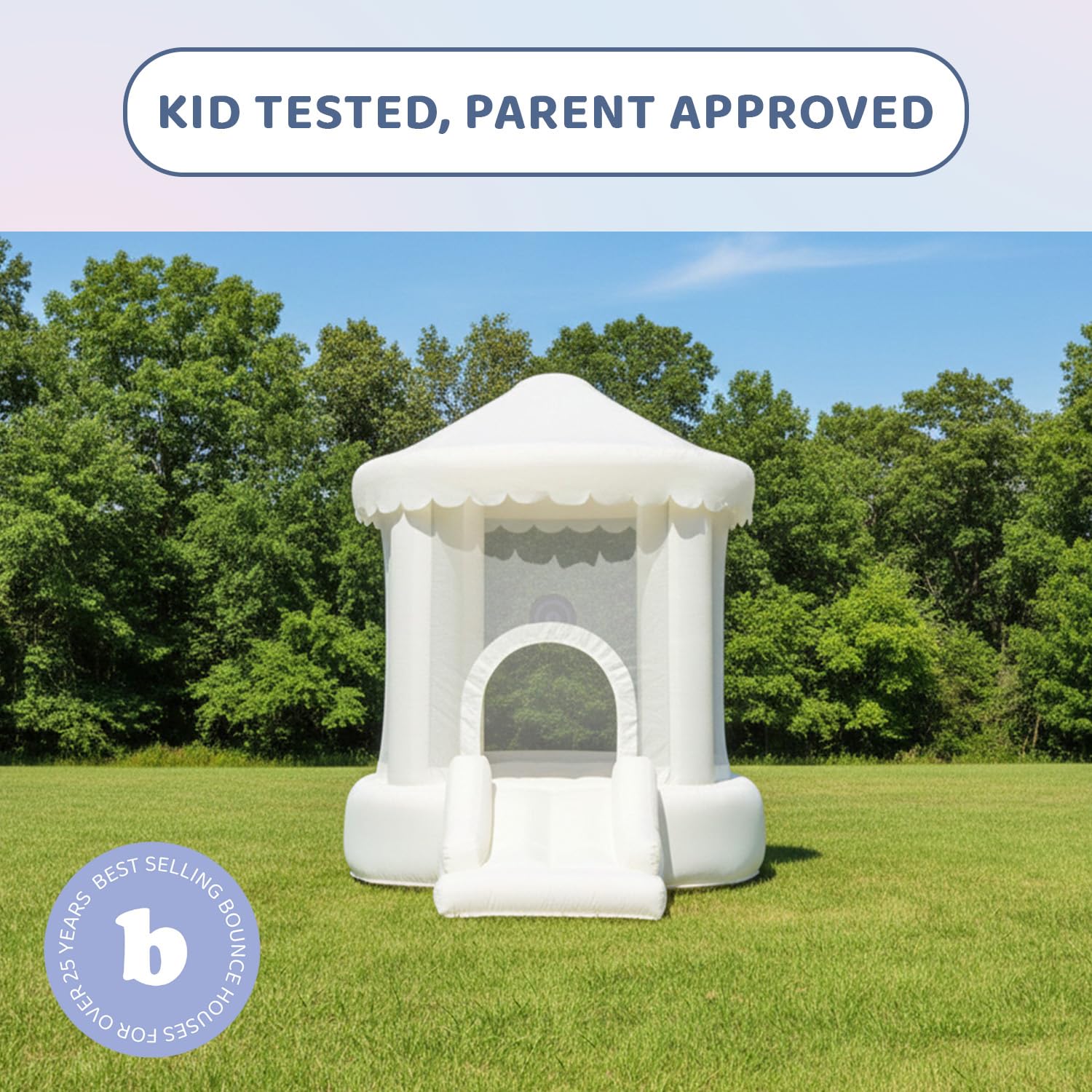 Bounceland Mini Play Tent Creamsicle Bounce House, 7.7 ft L x 5.6 ft W x 7.4 ft H, Neutral Bounce House w/Slide, UL Blower Included, Trendy Bouncer