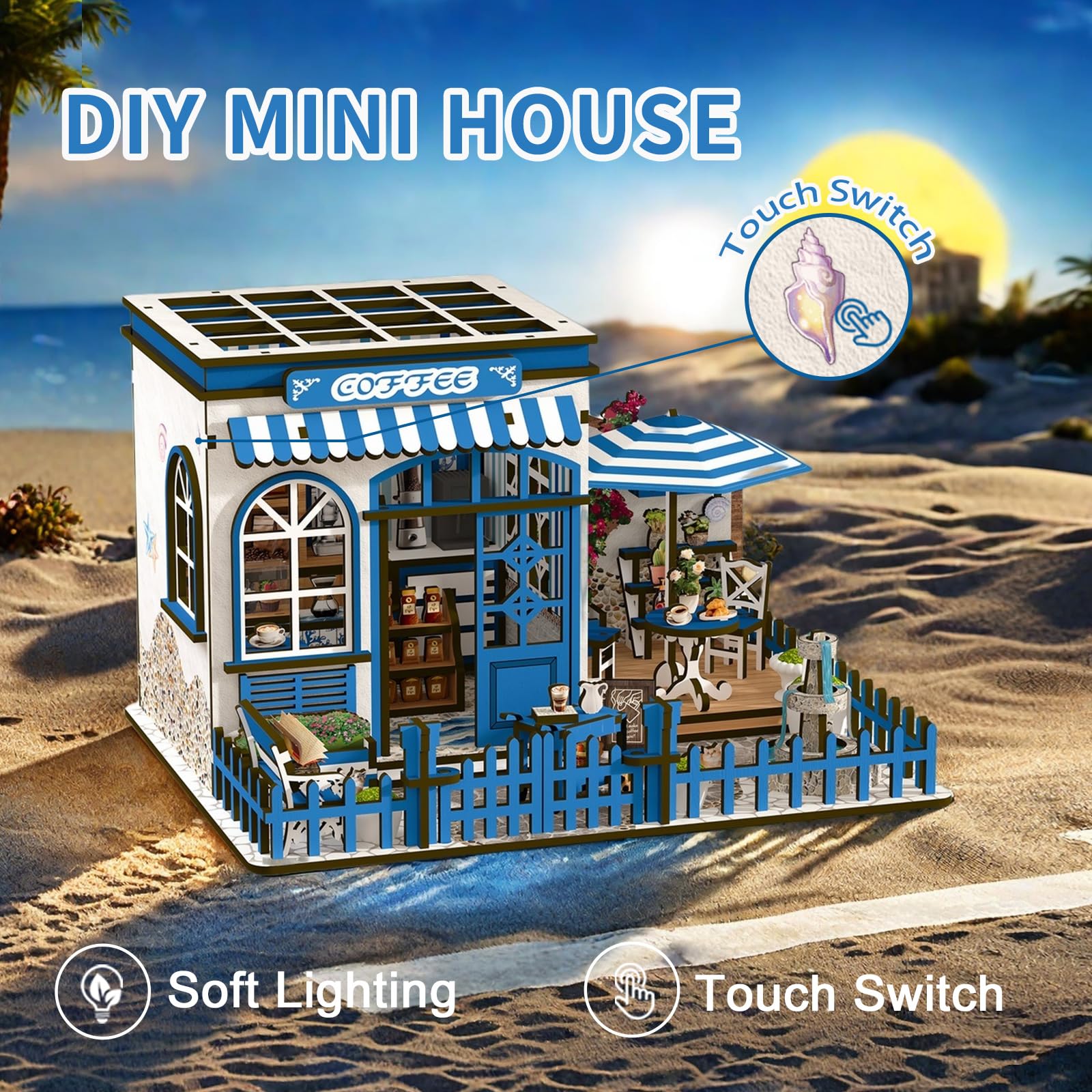 DIY Miniature Dollhouse Kit with Touch LED Light, 3D Wooden Puzzle Santorini Cafe Model, Creative Ocean Style Building Set, Arts and Crafts Gift