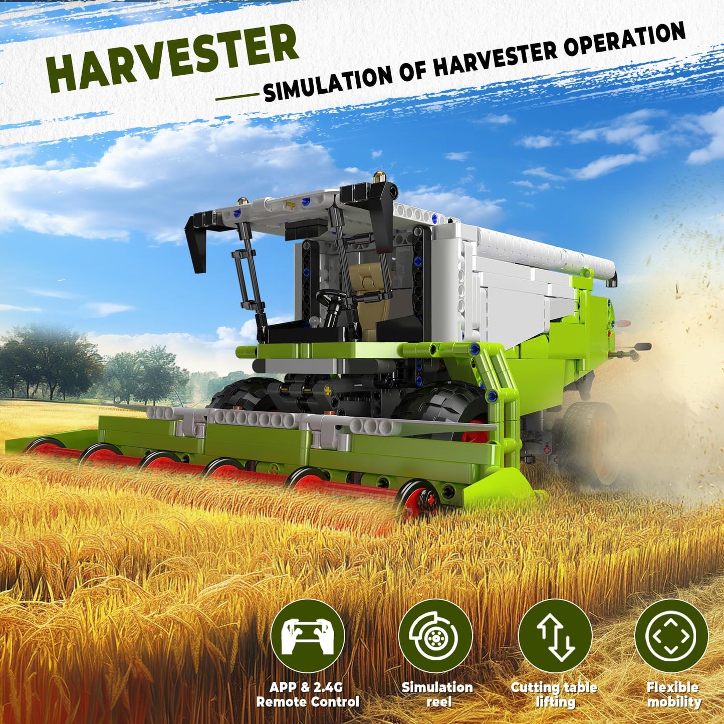 Mould King 17014 Wheat Harvester Building Blocks Set, Tractor Truck Building Kit with Motor, Farm Truck Construction Vehicles Toys, DIY Assembly STEM