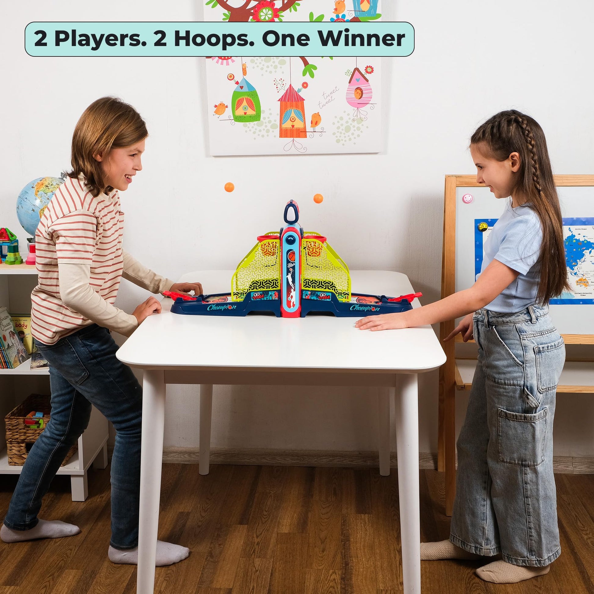 OLEOCA Tabletop Basketball Game - 2-Player Mini Basketball Game with Electronic Scoring & Timer, Two-Hoop Design for Desk Play, Moving Hoop Challenge