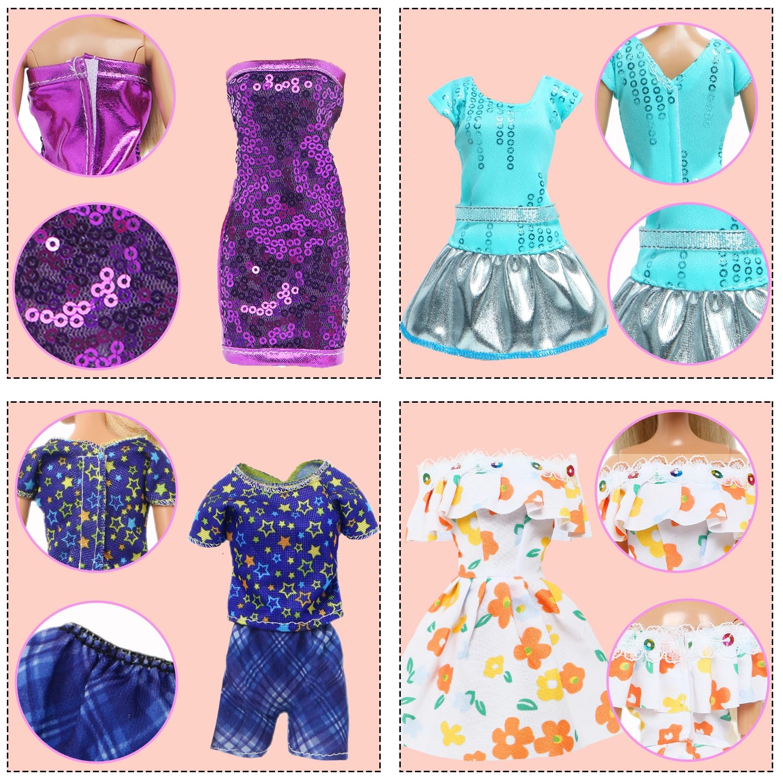 BLIJOLA Doll Clothes 21Pcs Including 3 Fashion Dresses 5 Daily Slip Dresses 2 Casual Tops and Pants Outfits 2 Sequins Dress 1 Swimsuit 3 Bags 5