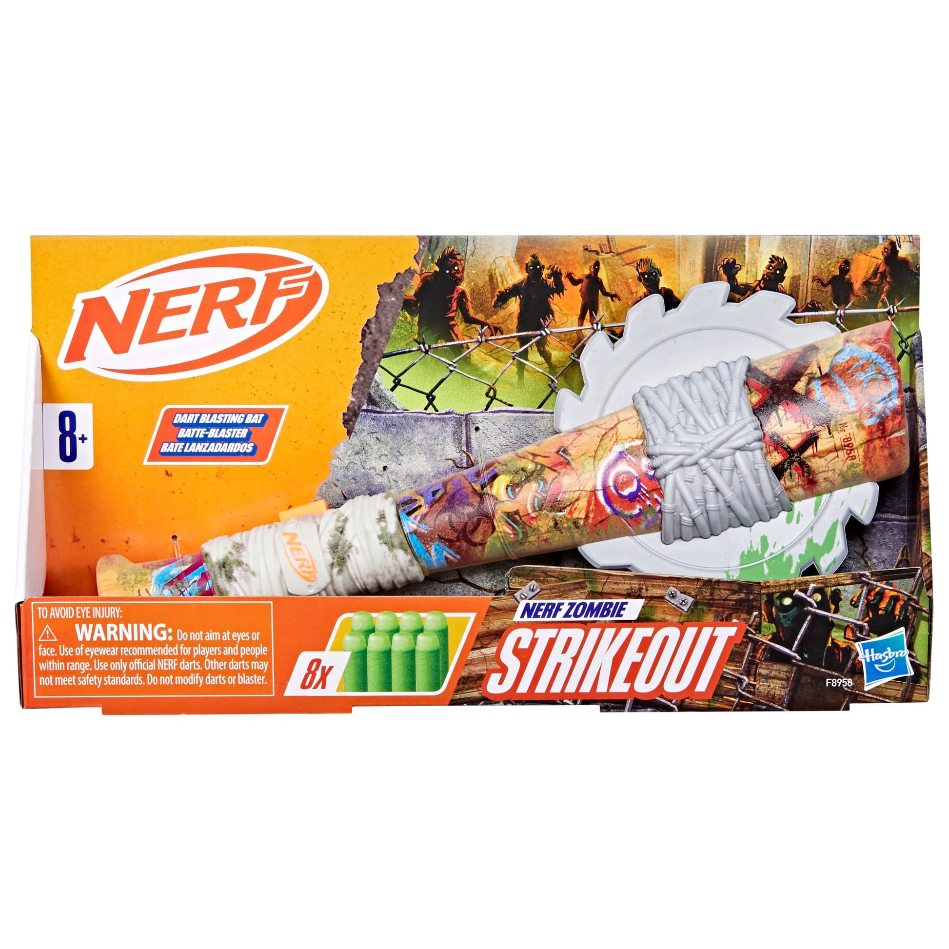 Nerf Zombie Strikeout Dart Blaster, 8 Nerf Elite Darts, Foam Blade, Pull Back Priming, Outdoor Games, Ages 8+ (Amazon Exclusive)