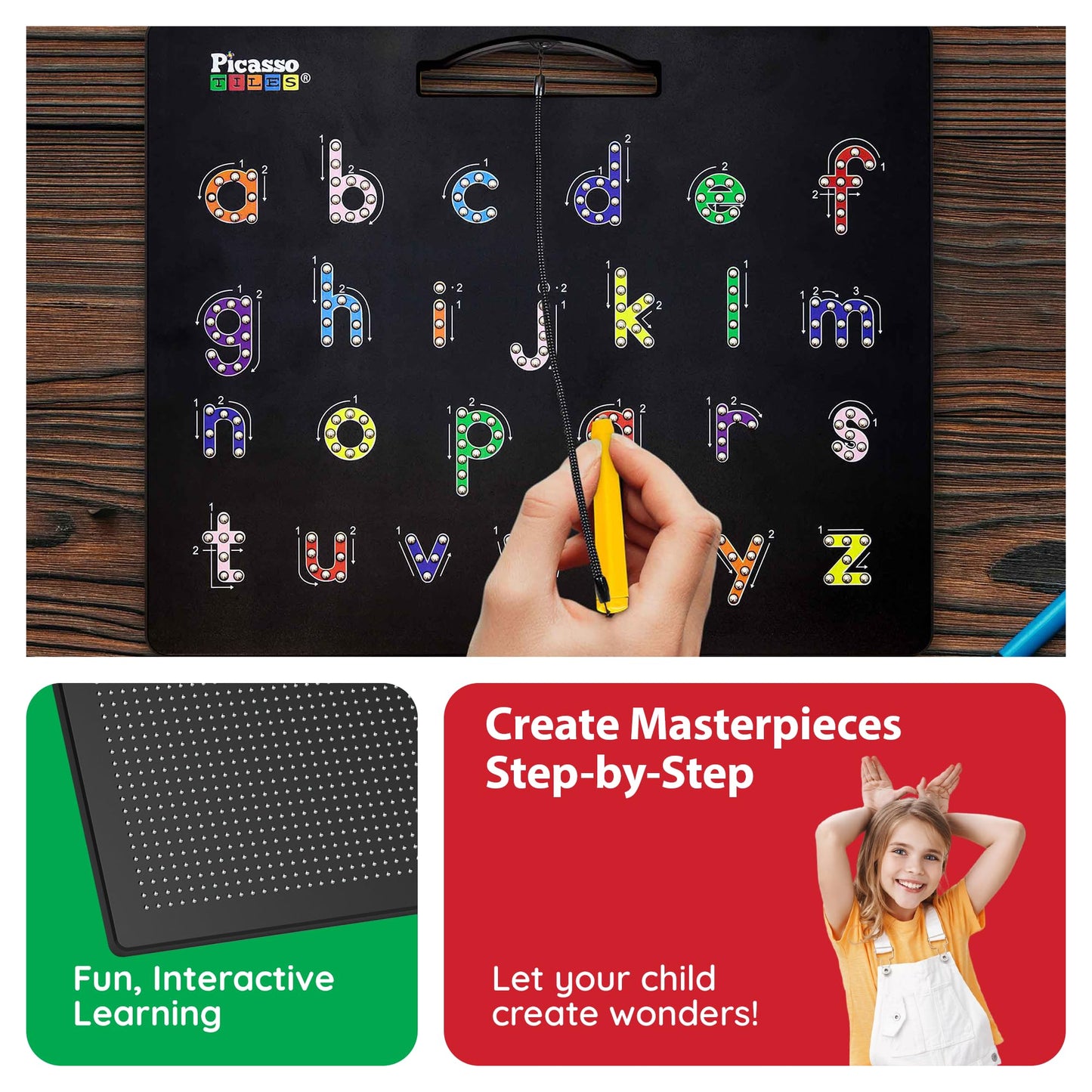 PicassoTiles 4-in-1 Magnetic Drawing Board for Kids 3+, 12x10 Inch Tablet Pad, Numbers, ABC Upper & Lower Case, Freestyle STEM Learning Toy, Travel