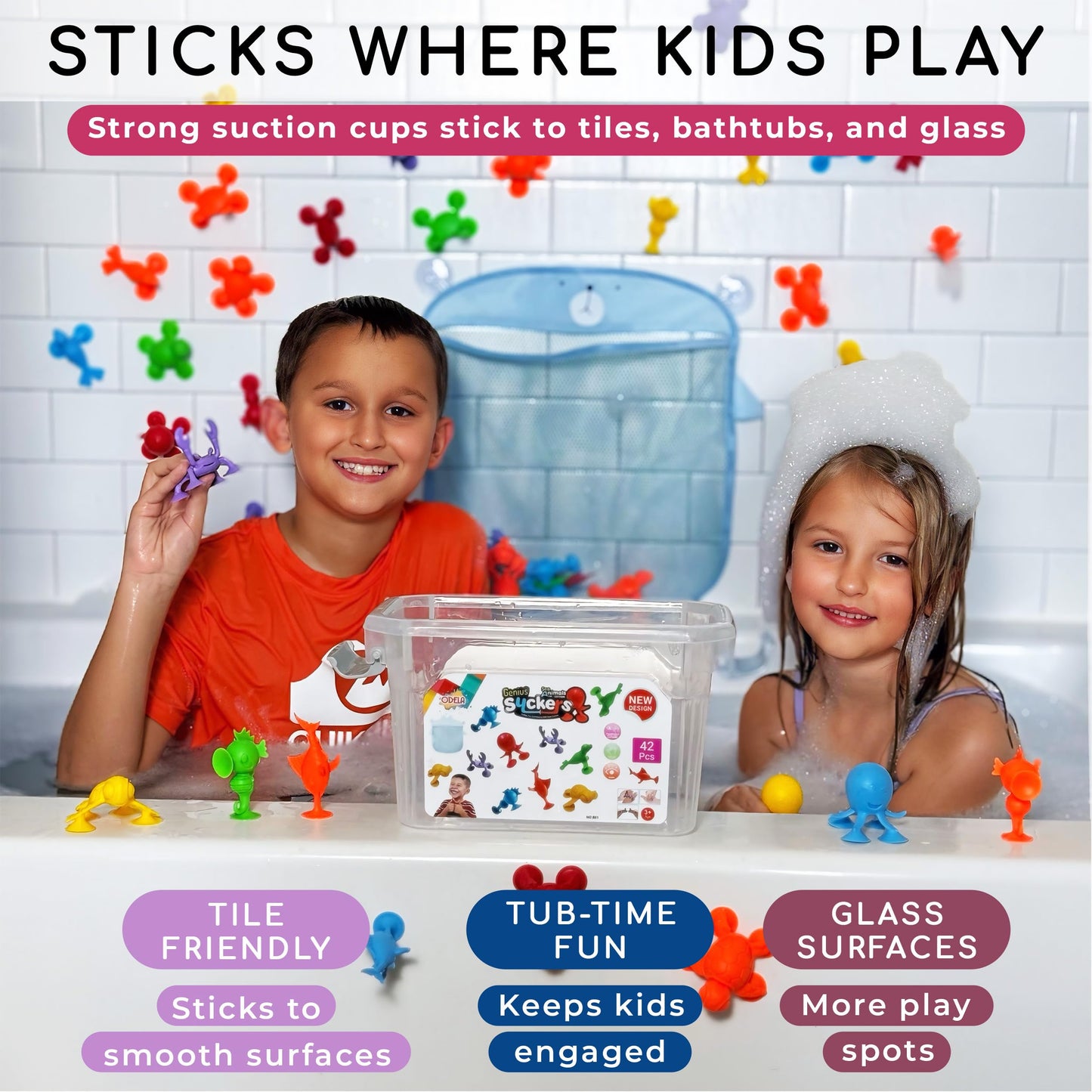 ODELA Genius Sucker Toys 42PCs Sea Animals Edition - Fun Colorful Toddler Bath Toy Animal Toys for Toddlers Safe and Durable Materials - Educational