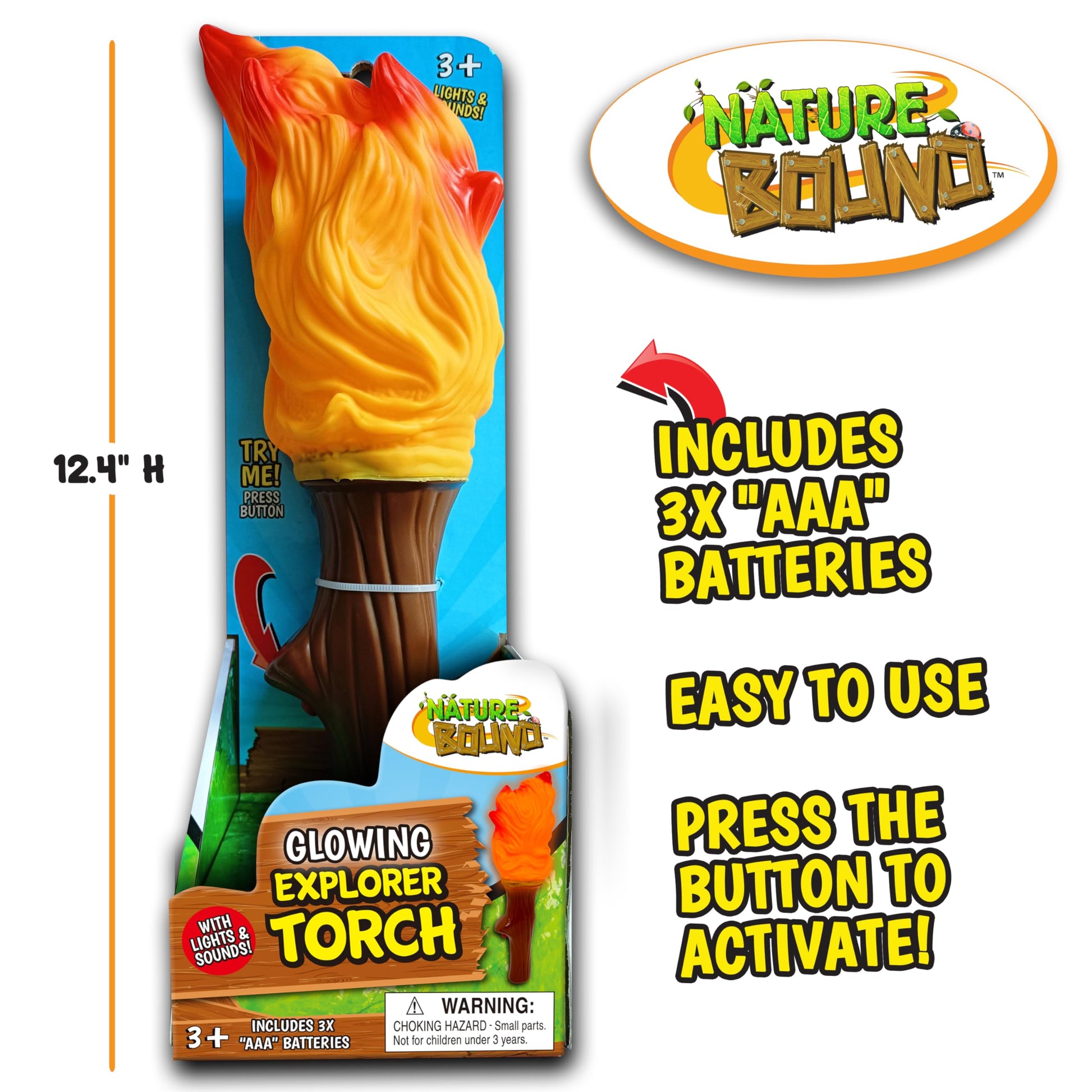 Nature Bound Explorer Torch Campfire Light: Glowing & Flickering Light with Nature Sound Effects - Indoor & Outdoor Play, Camping Adventures,