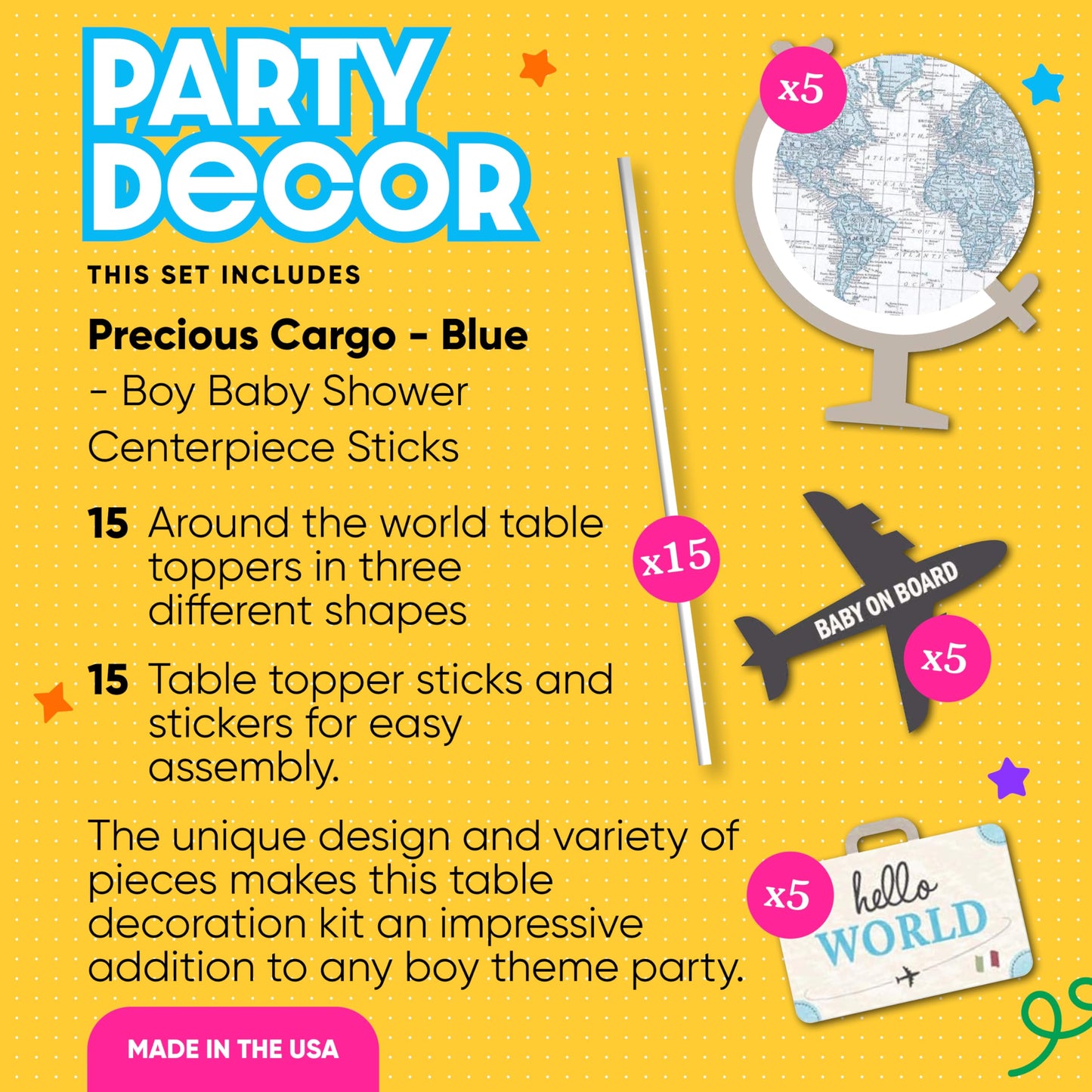 Big Dot of Happiness Precious Cargo - Blue - Boy Baby Shower Centerpiece Sticks - Table Toppers - Set of 15