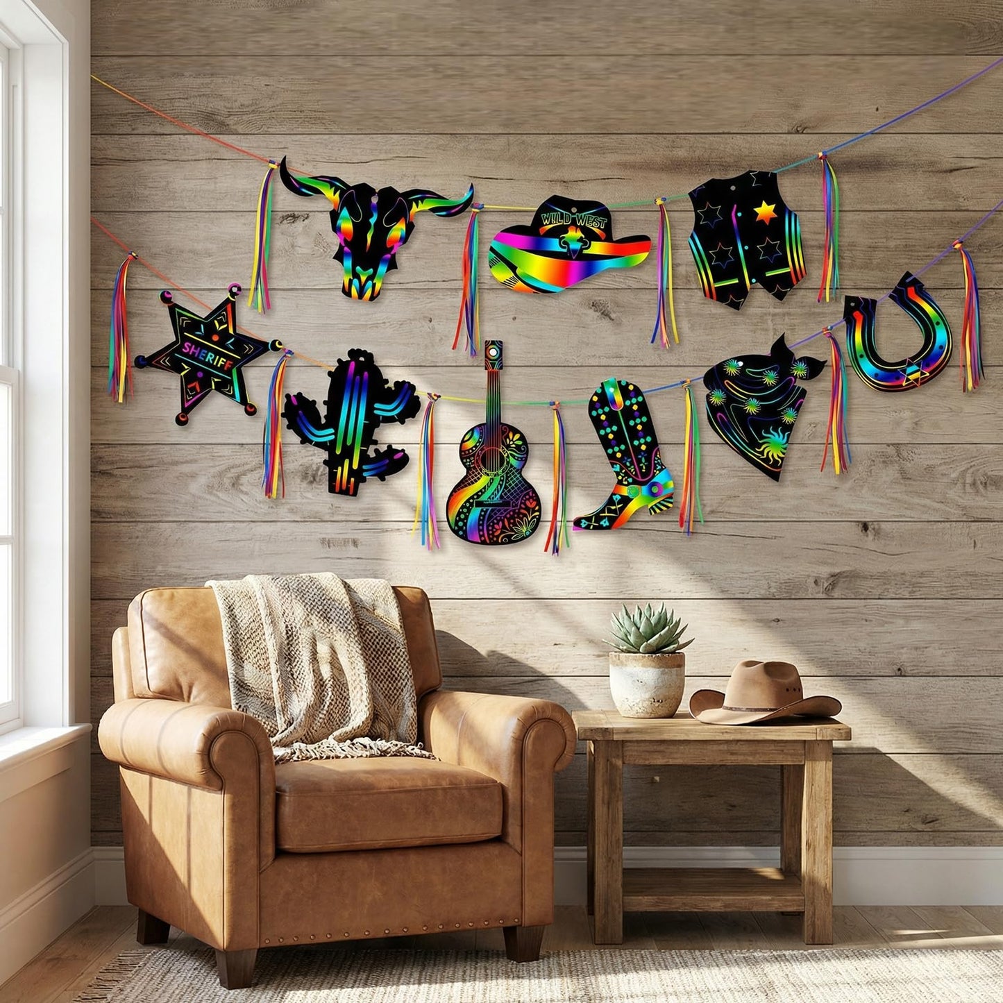 QsiuYbng 270 Pcs Rainbow Scratch Paper Set for Adults Western Party Favors Scratch Art Cardstock with Bamboo Sticks & Ribbons for Cowboy Party Favors