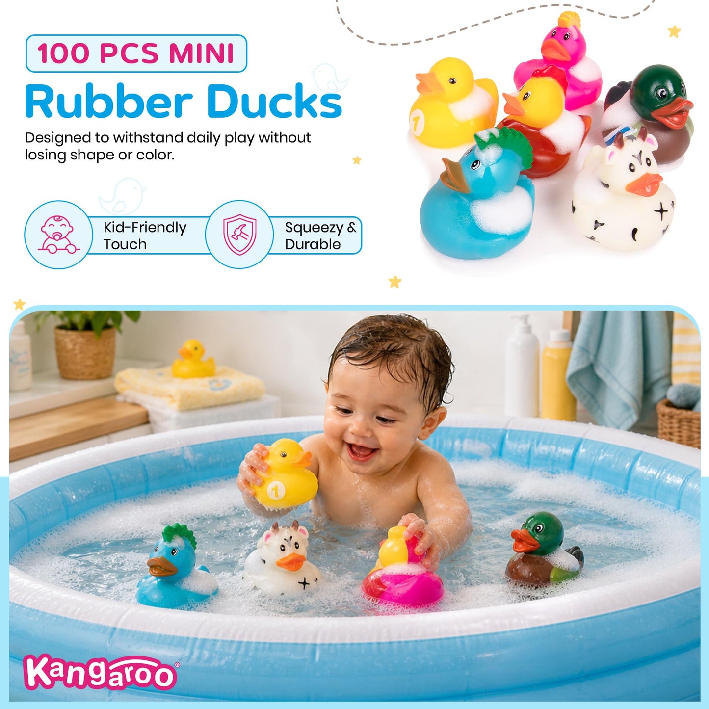 Kangaroo Mini Rubber Ducks Bulk Pack of 100 - Floating Baby Bath Toys for Kids - Classroom Rewards - Pool Party & Birthday Party Favors for Kid