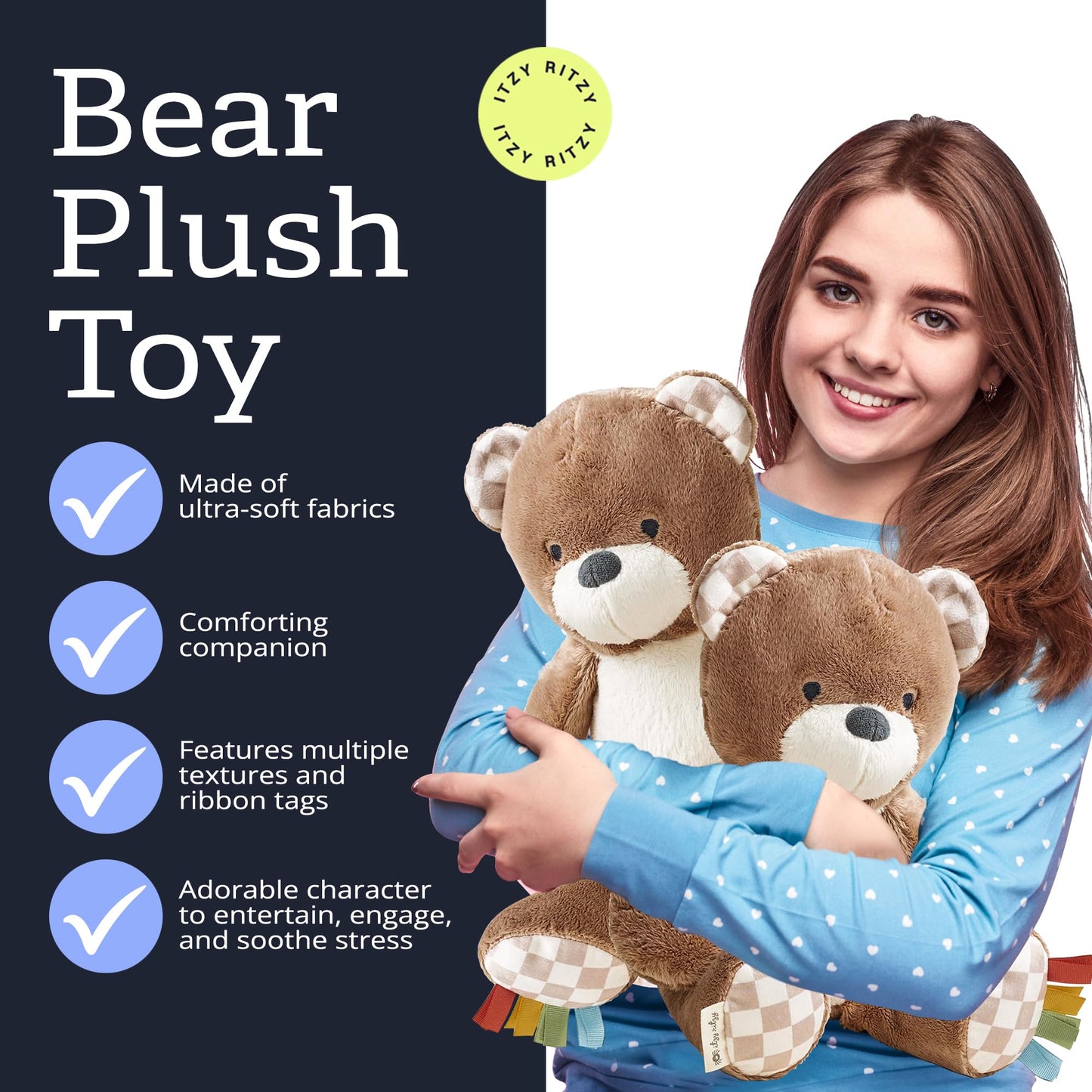 Itzy Ritzy Snuggles Plush Toy - Soft Stuffed Animal for Babies, Kids & Adults - Sensory Ribbons & Textured Fabrics for Tactile Play - Cozy & Cuddly