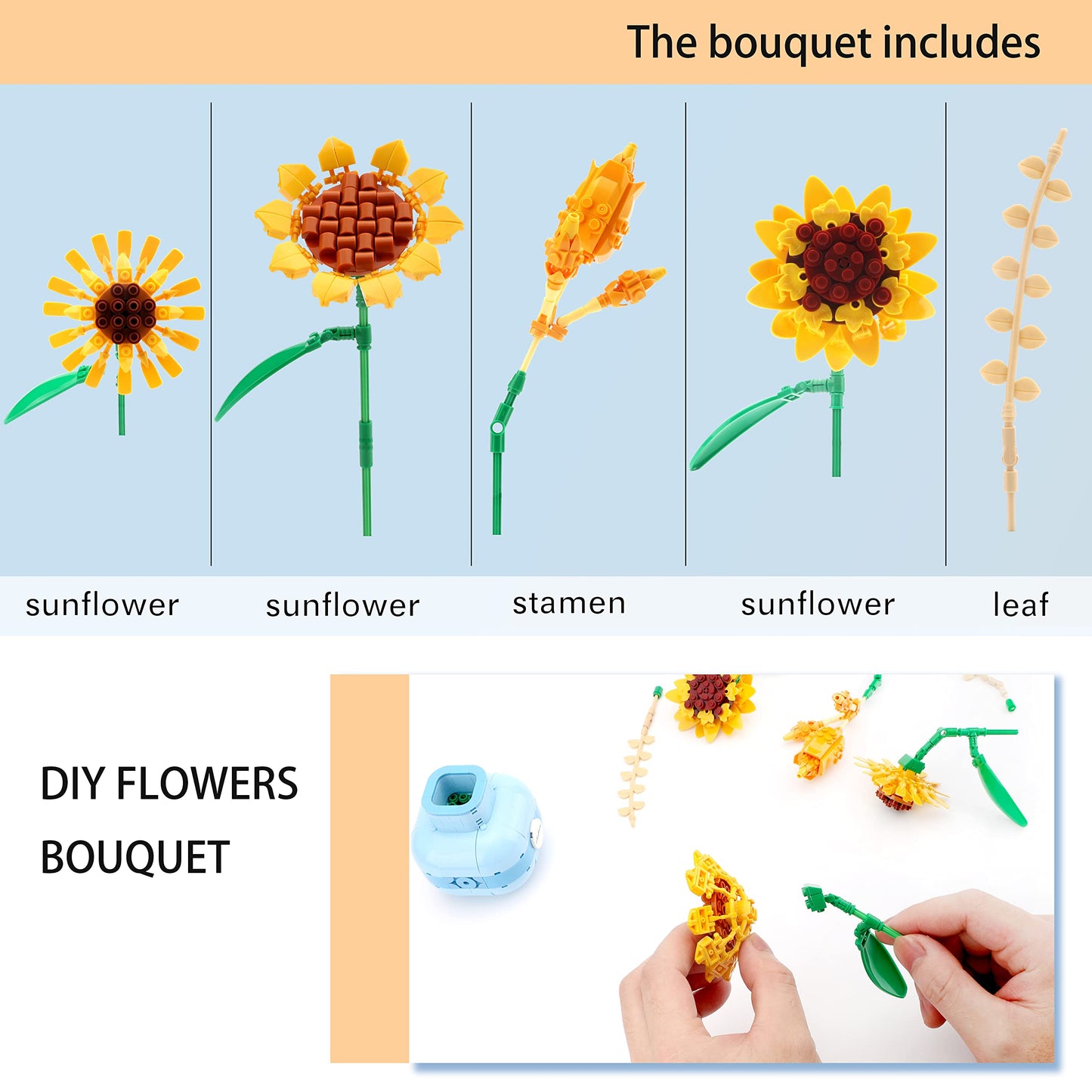LUKHANG Sunflower Building Block Set with Vase, Artificial Flower Plant Bonsai Collection for Adults, Creative Home & Office Decor, Gift for Mother's